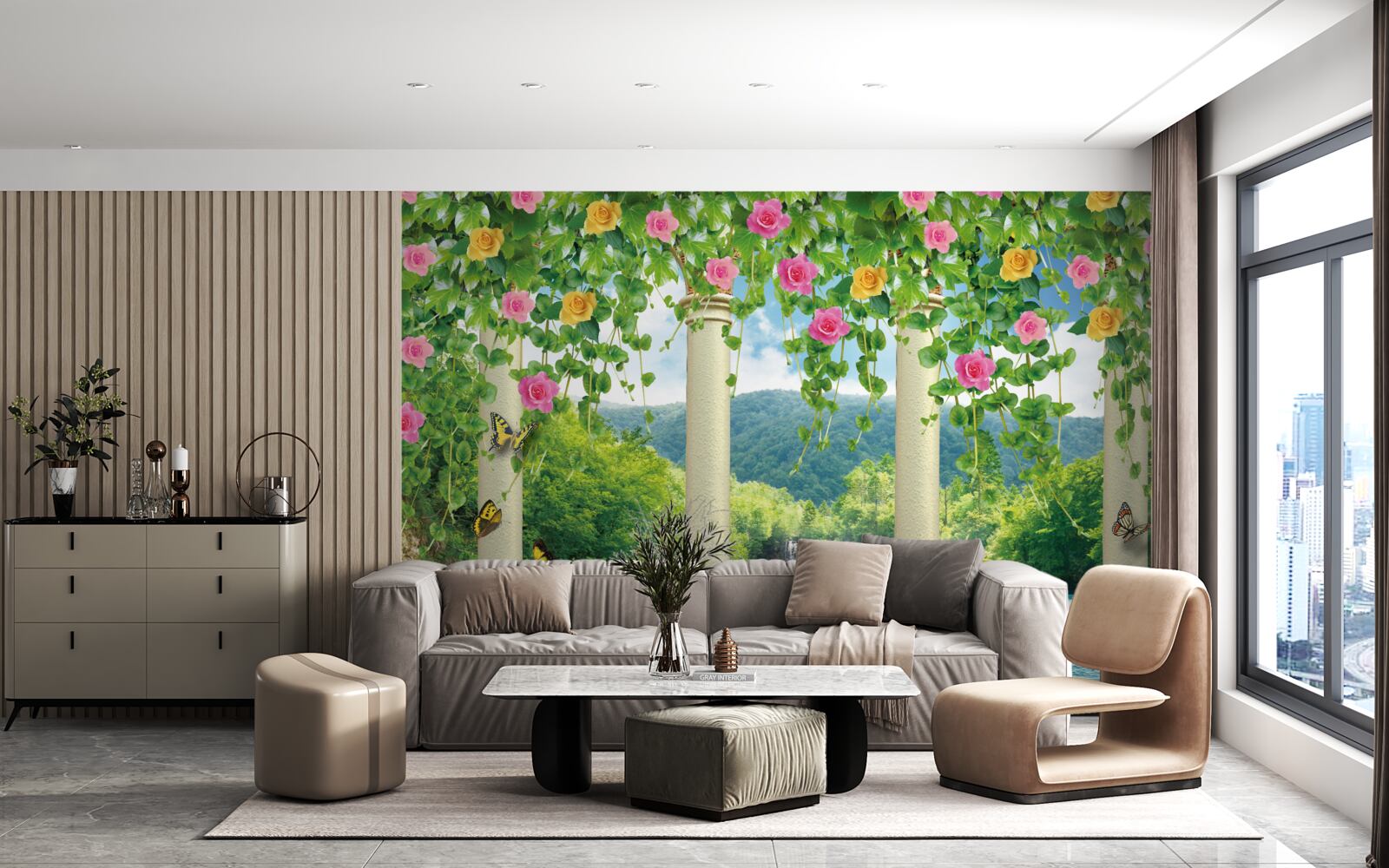 Fotobehang prachtig zicht op de waterval door de kleuren van de bloemen