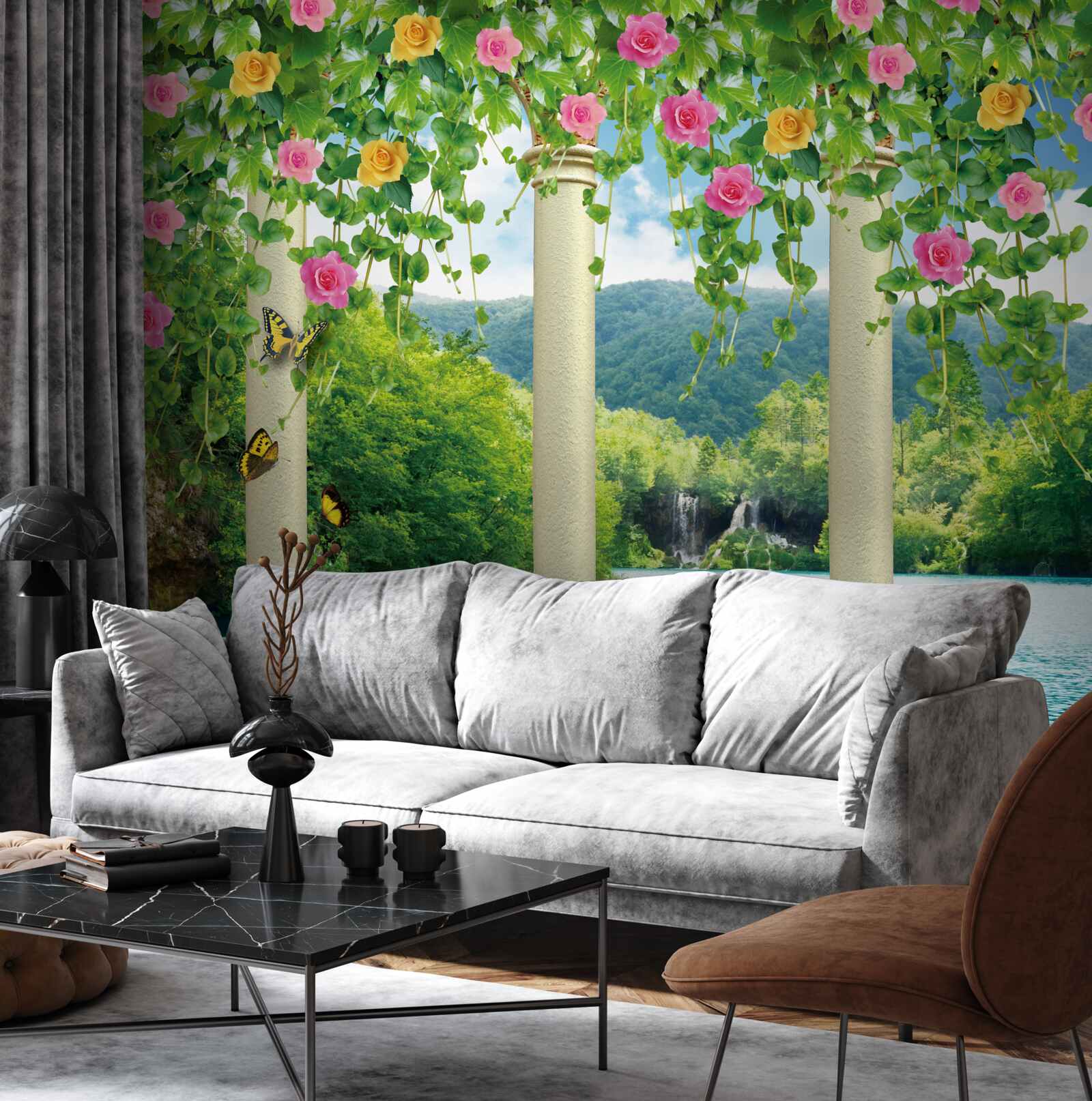 Fotobehang prachtig zicht op de waterval door de kleuren van de bloemen