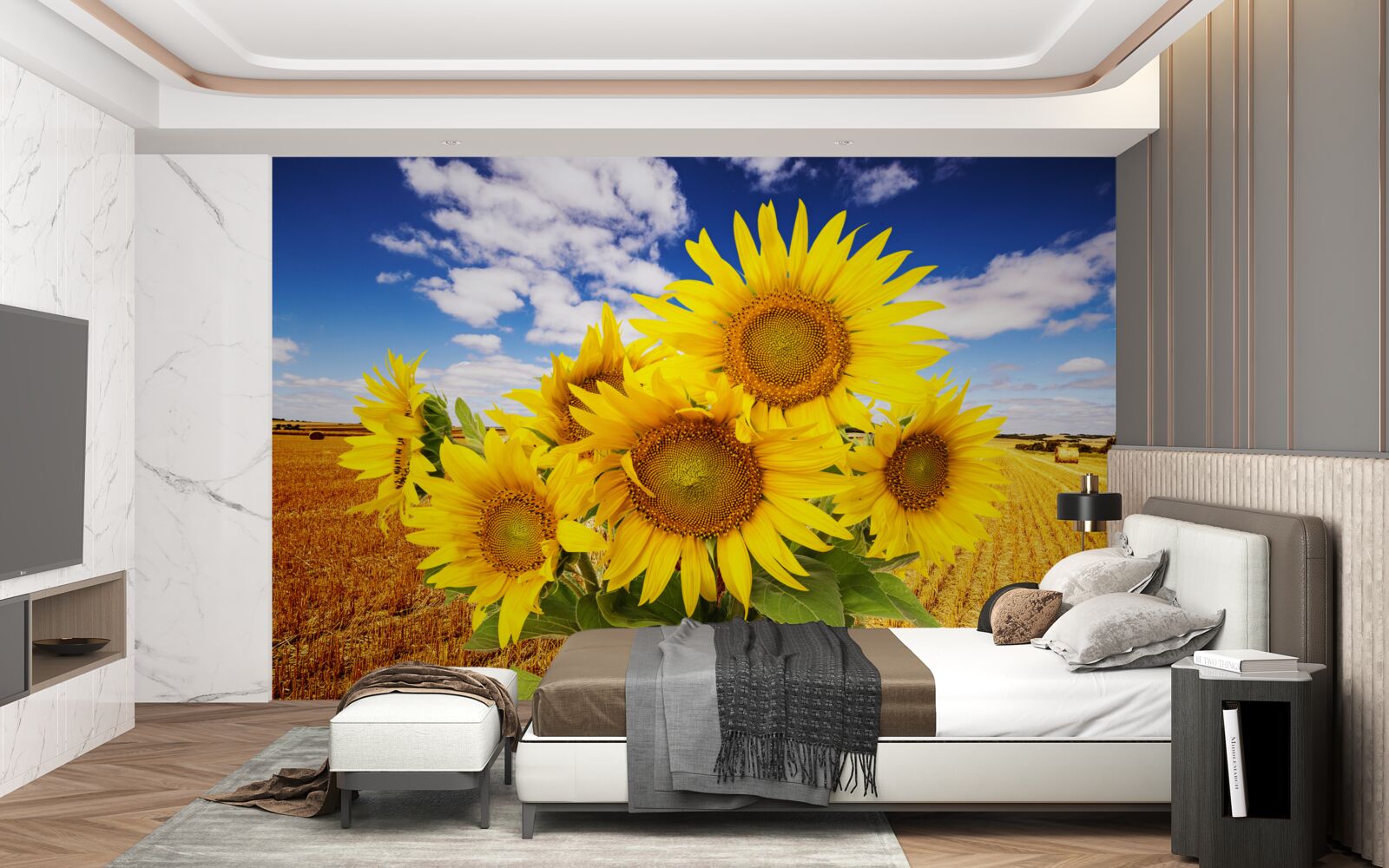 Fotobehang een boeket zonnebloemen is te zien tegen de lucht en een tarweveld