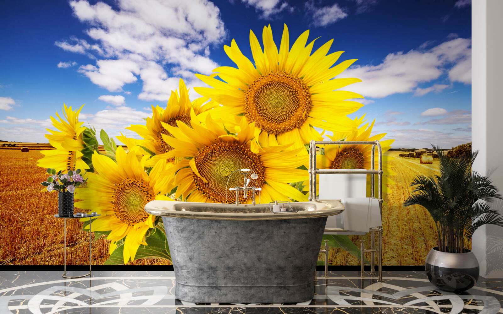 Fotobehang een boeket zonnebloemen is te zien tegen de lucht en een tarweveld