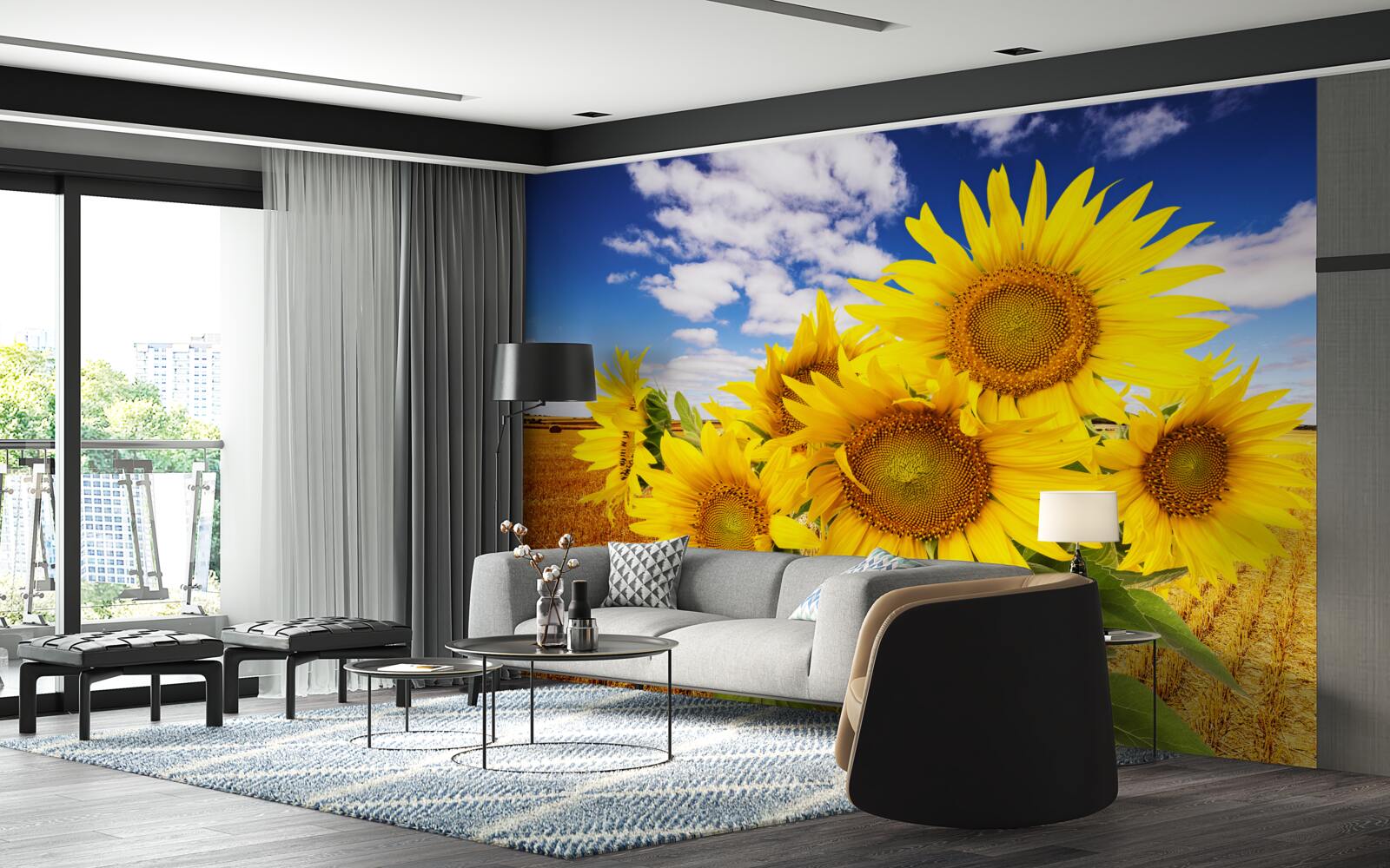 Fotobehang een boeket zonnebloemen is te zien tegen de lucht en een tarweveld