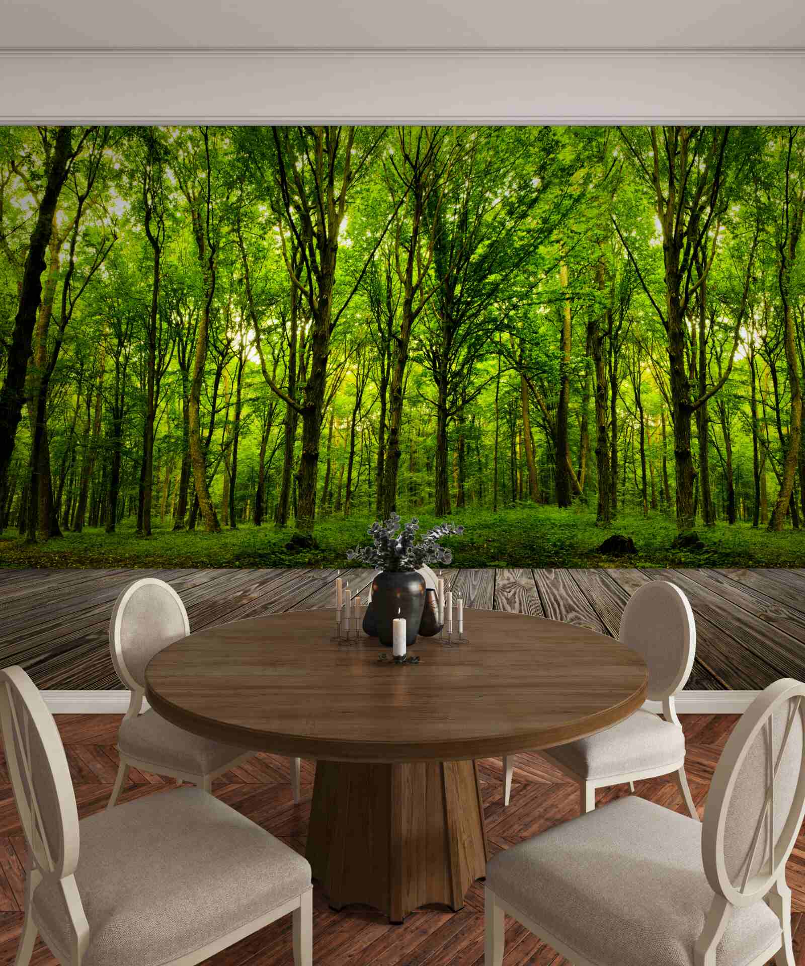 Fotobehang groen bos, slank en rijk, verlicht door zonnestralen