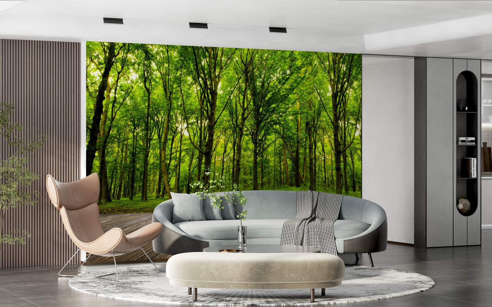 Fotobehang groen bos, slank en rijk, verlicht door zonnestralen