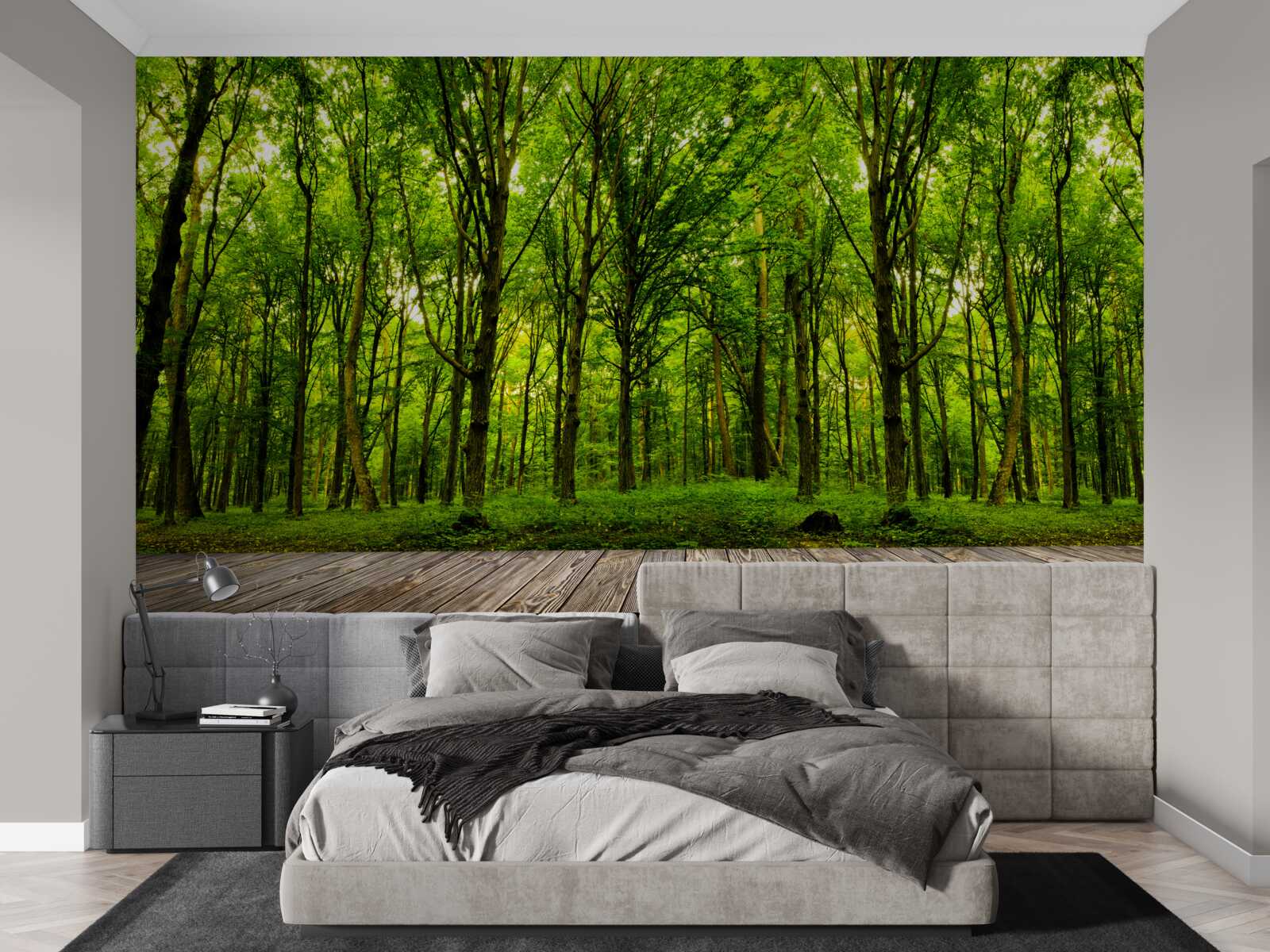 Fotobehang groen bos, slank en rijk, verlicht door zonnestralen