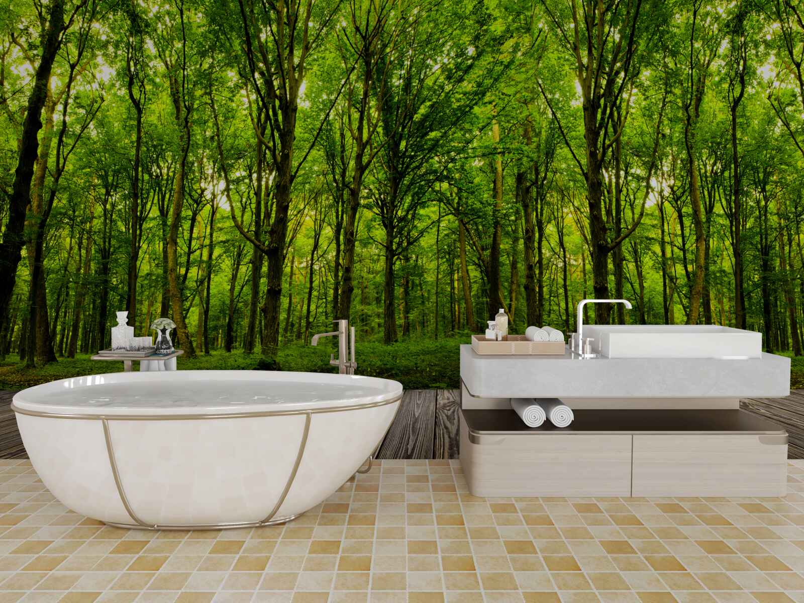 Fotobehang groen bos, slank en rijk, verlicht door zonnestralen