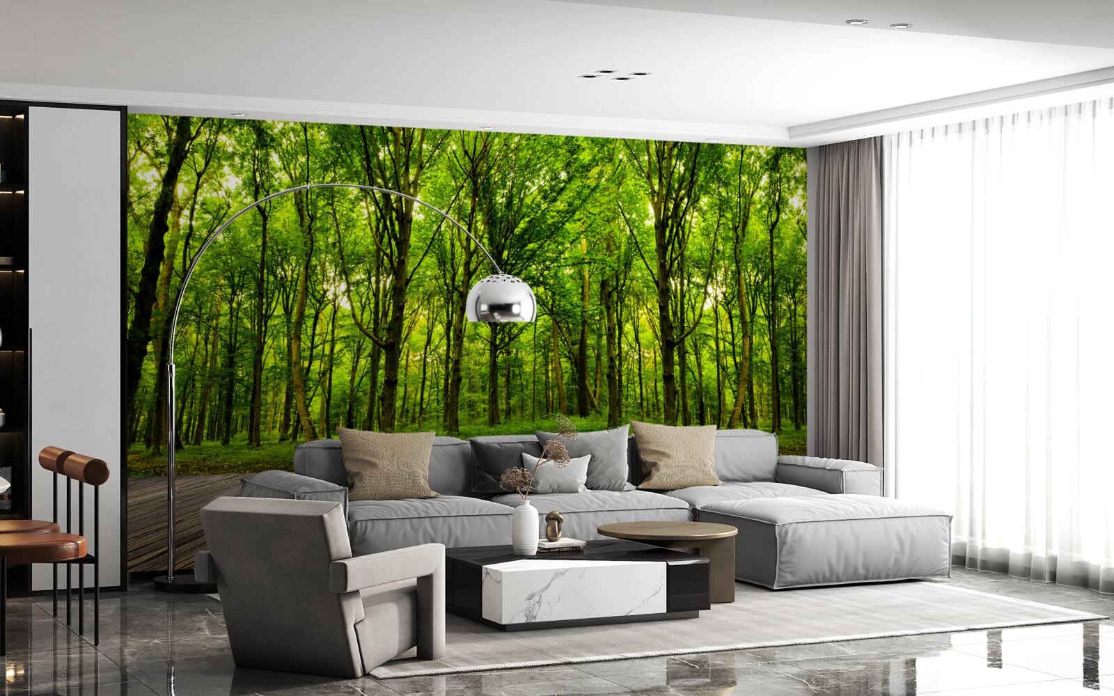 Fotobehang groen bos, slank en rijk, verlicht door zonnestralen