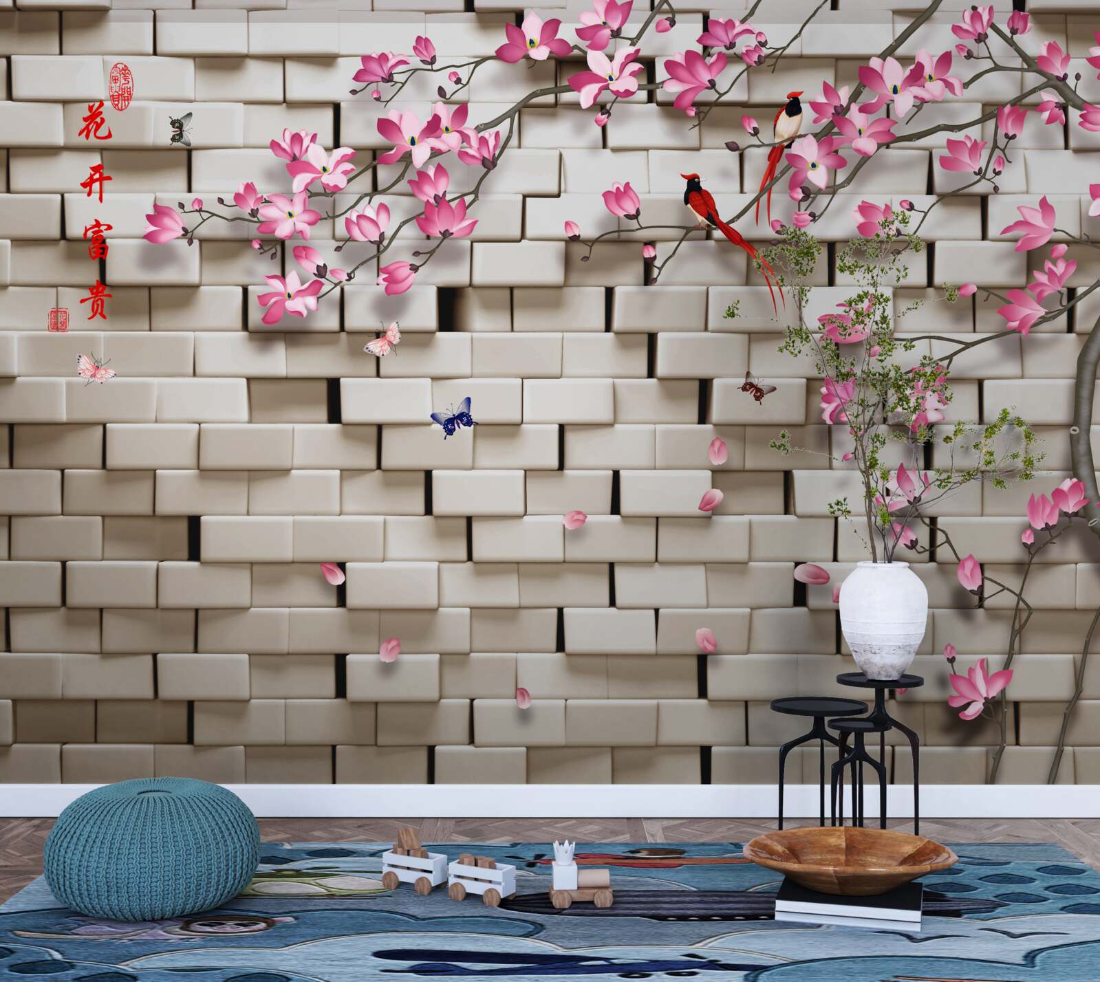 Fotobehang stenen muur en roze bloemen