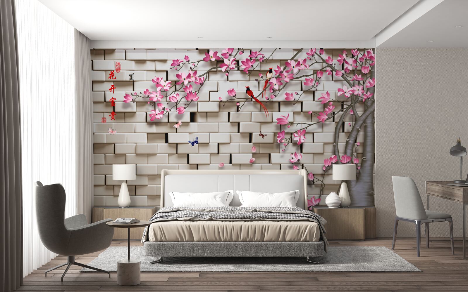 Fotobehang stenen muur en roze bloemen