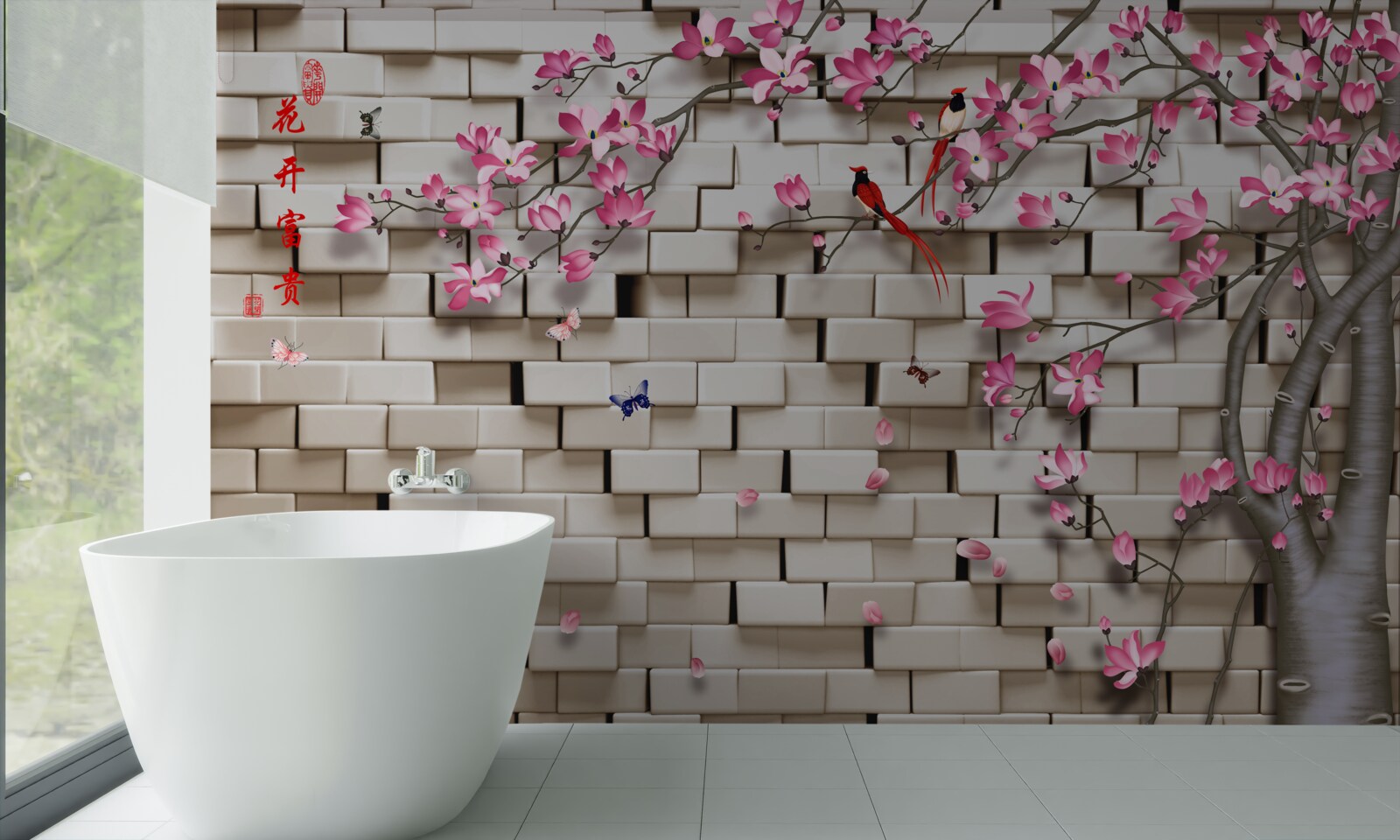 Fotobehang stenen muur en roze bloemen