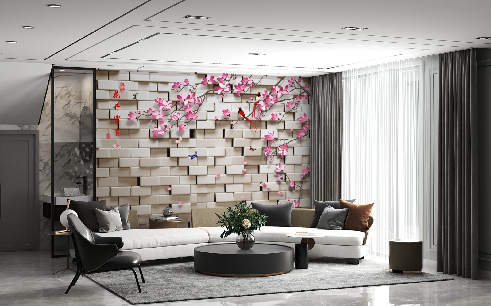 Fotobehang stenen muur en roze bloemen