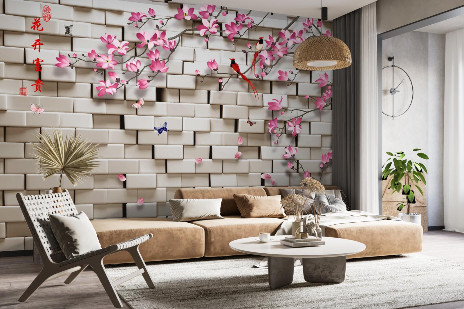 Fotobehang stenen muur en roze bloemen