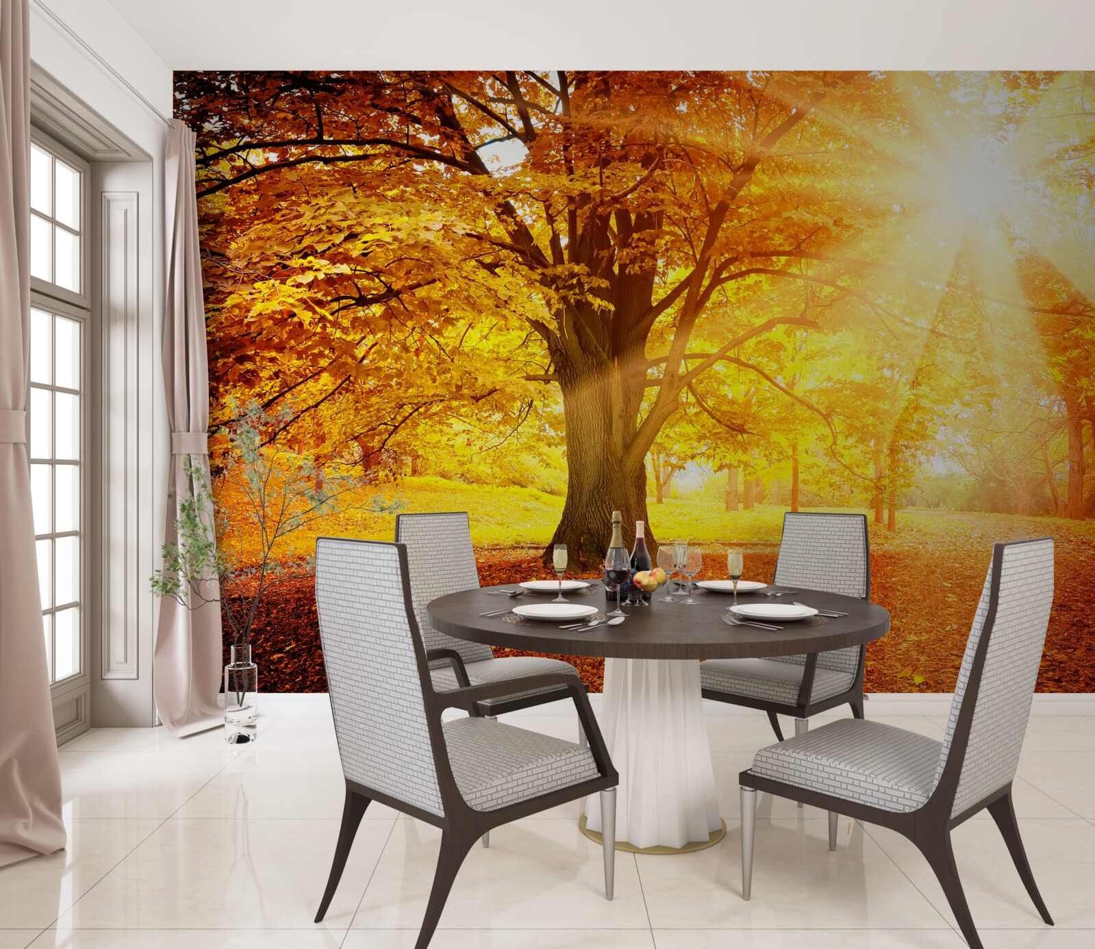 Fotobehang het felle licht van de zon doordringt de herfstnevel van het bos