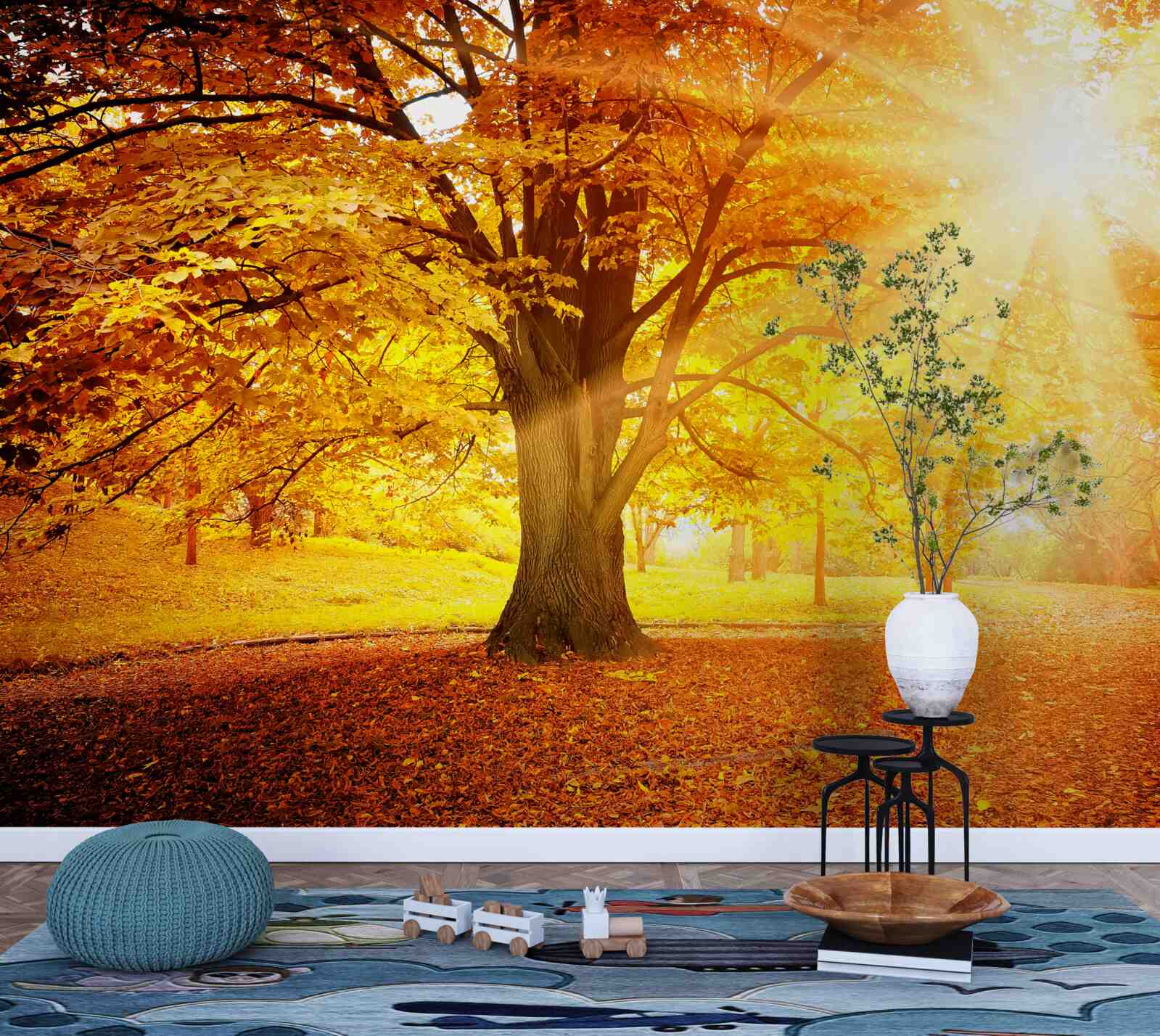 Fotobehang het felle licht van de zon doordringt de herfstnevel van het bos