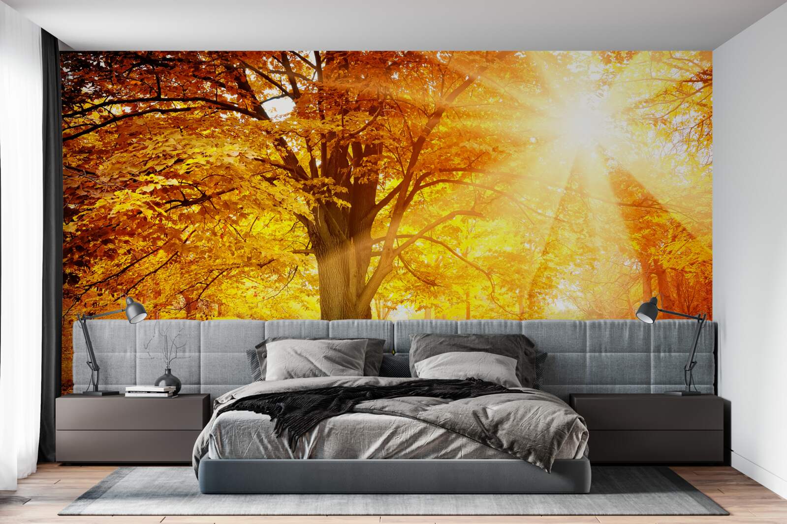 Fotobehang het felle licht van de zon doordringt de herfstnevel van het bos