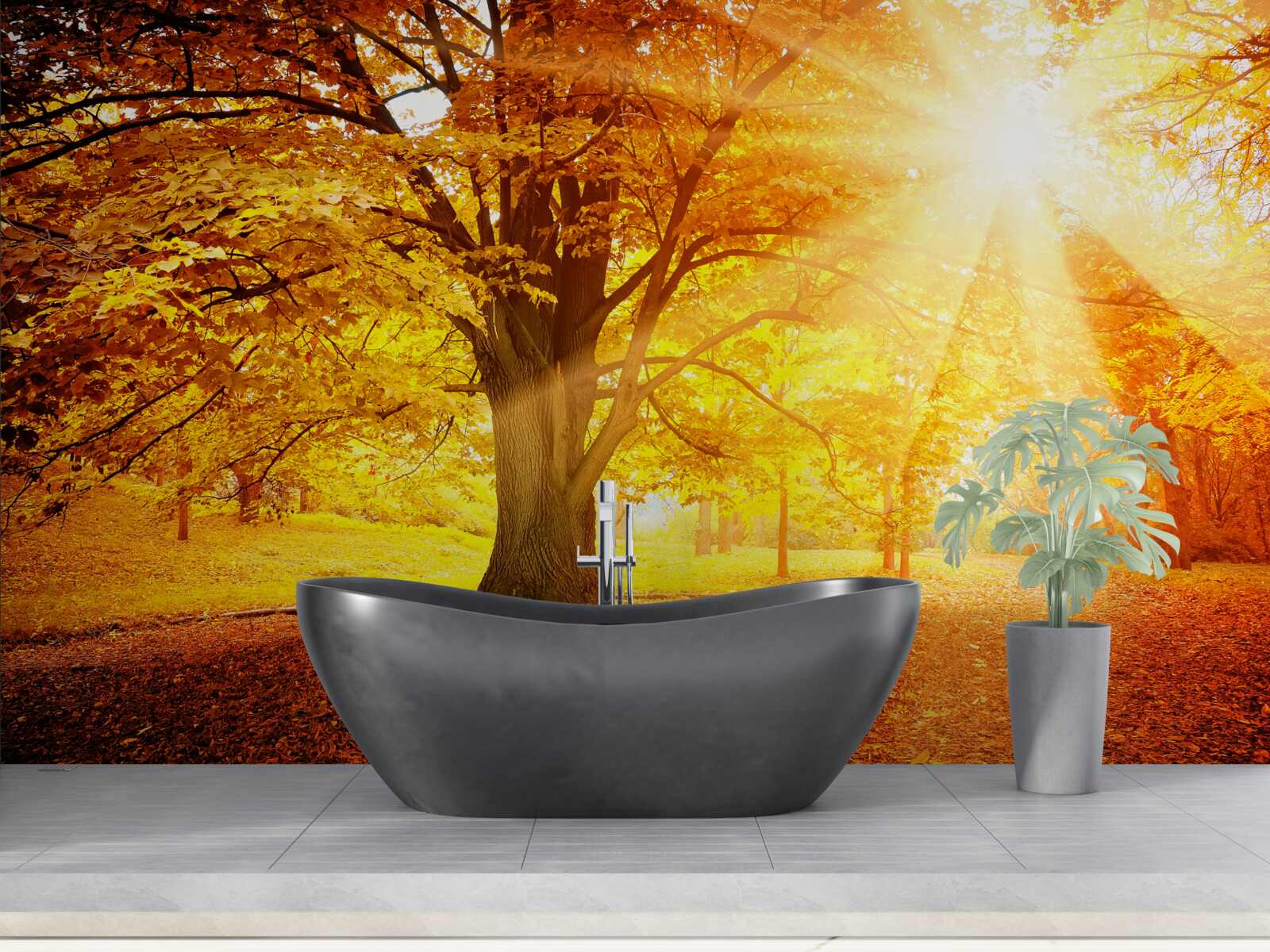 Fotobehang het felle licht van de zon doordringt de herfstnevel van het bos