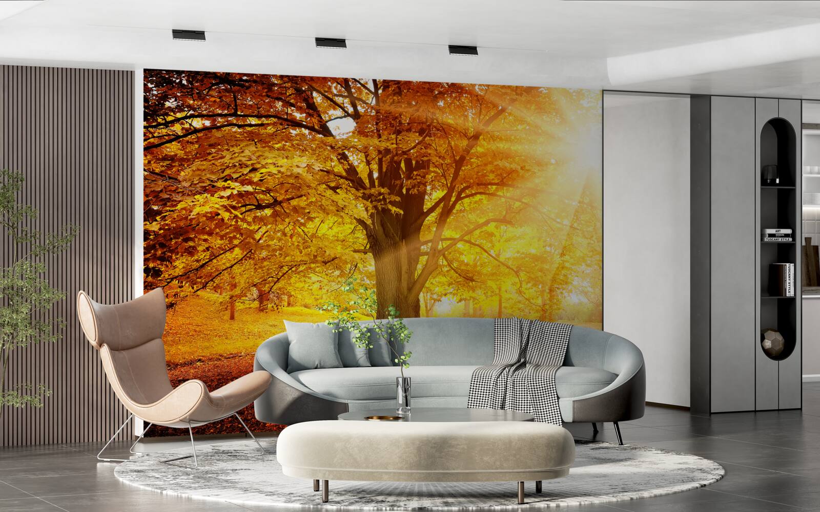 Fotobehang het felle licht van de zon doordringt de herfstnevel van het bos