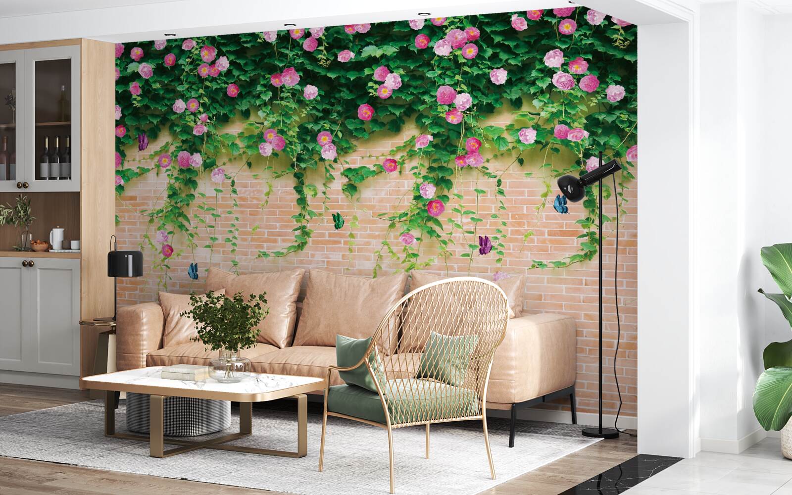 Fotobehang zachtroze rozen op een bakstenen muur