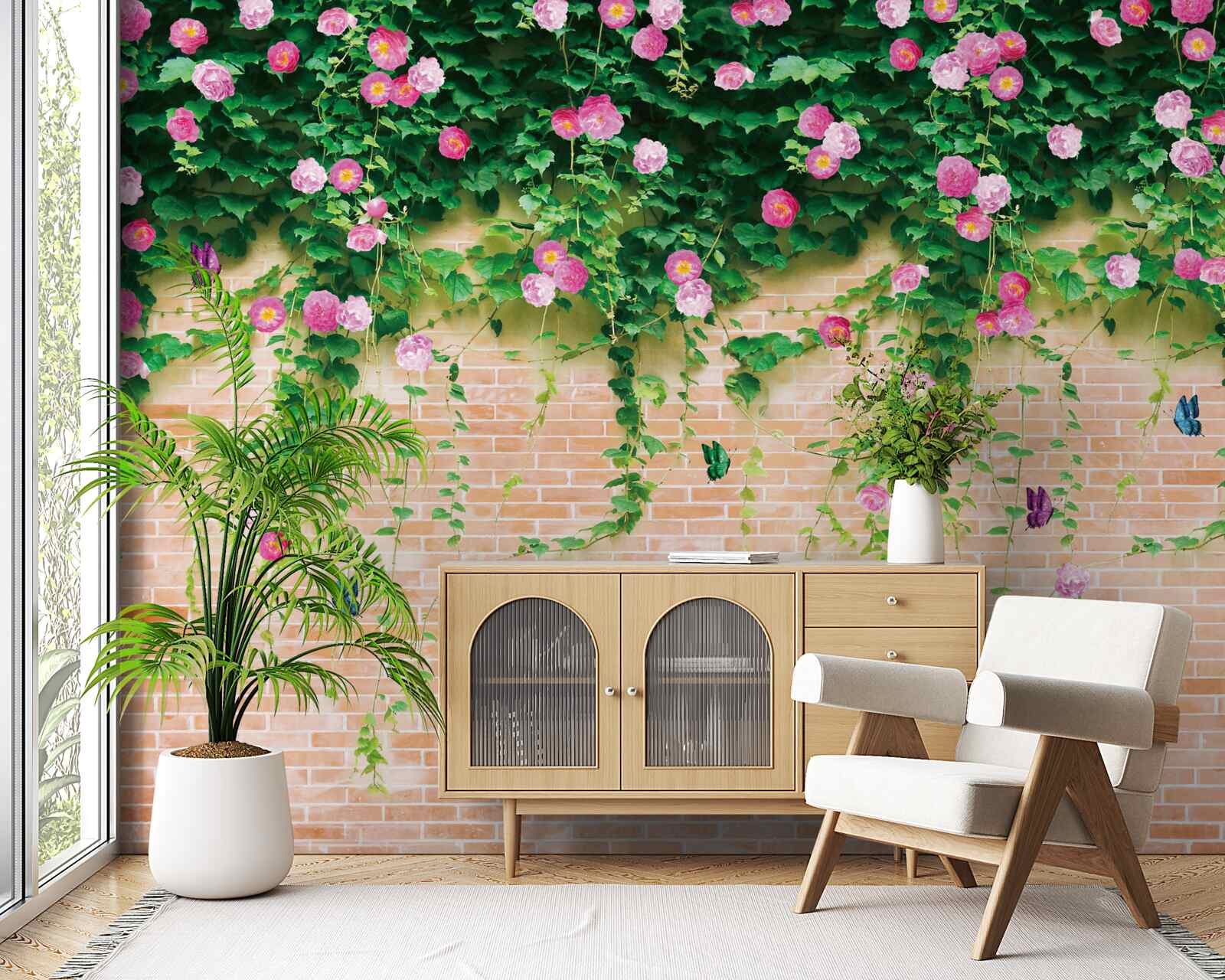 Fotobehang zachtroze rozen op een bakstenen muur