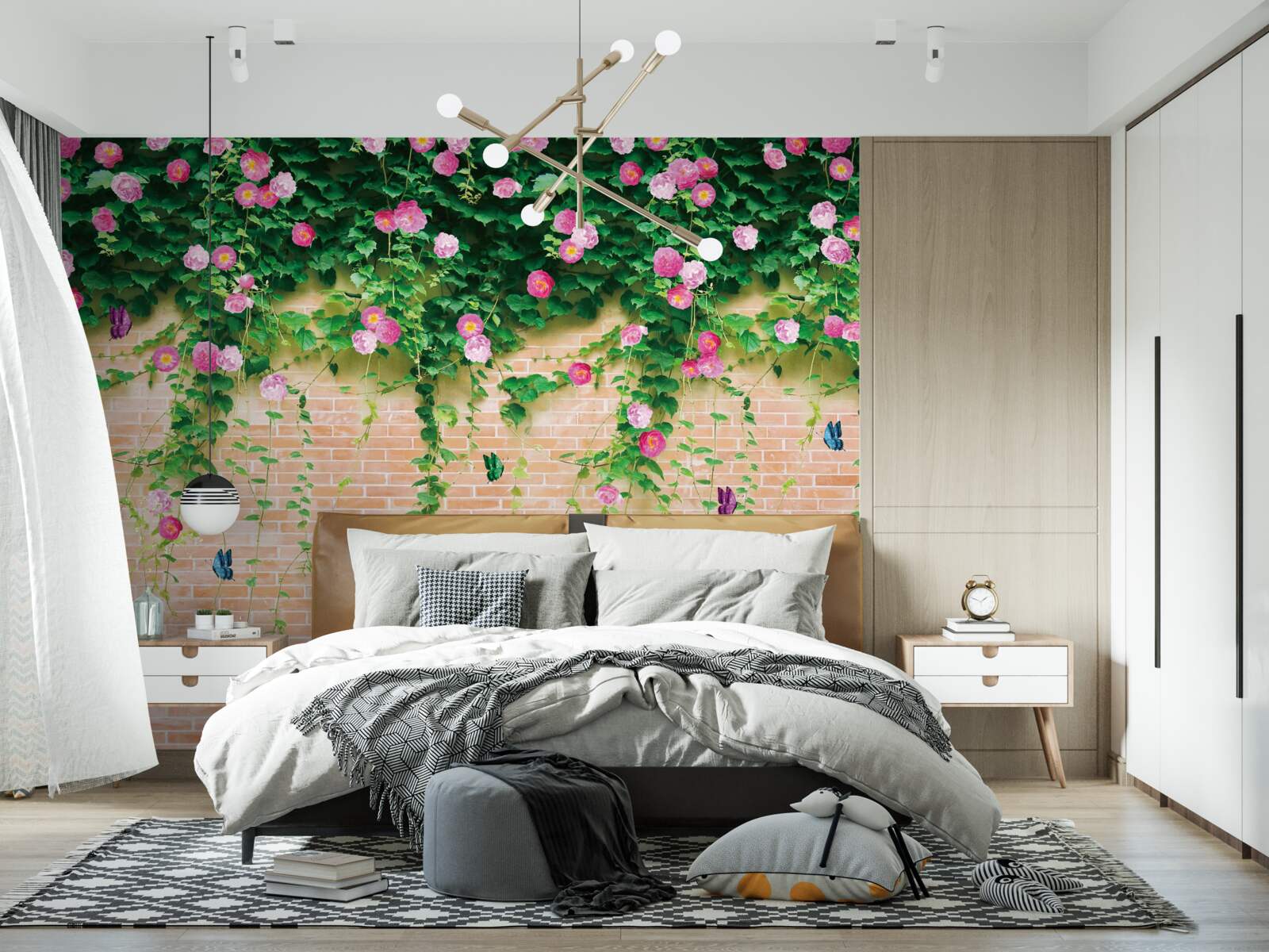 Fotobehang zachtroze rozen op een bakstenen muur