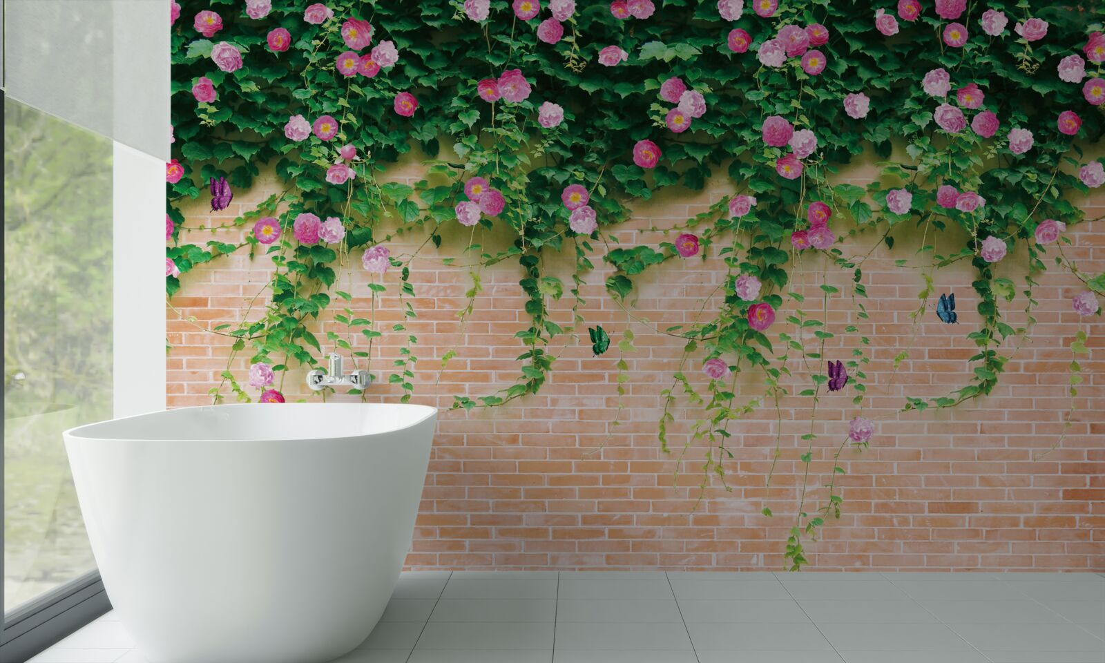 Fotobehang zachtroze rozen op een bakstenen muur