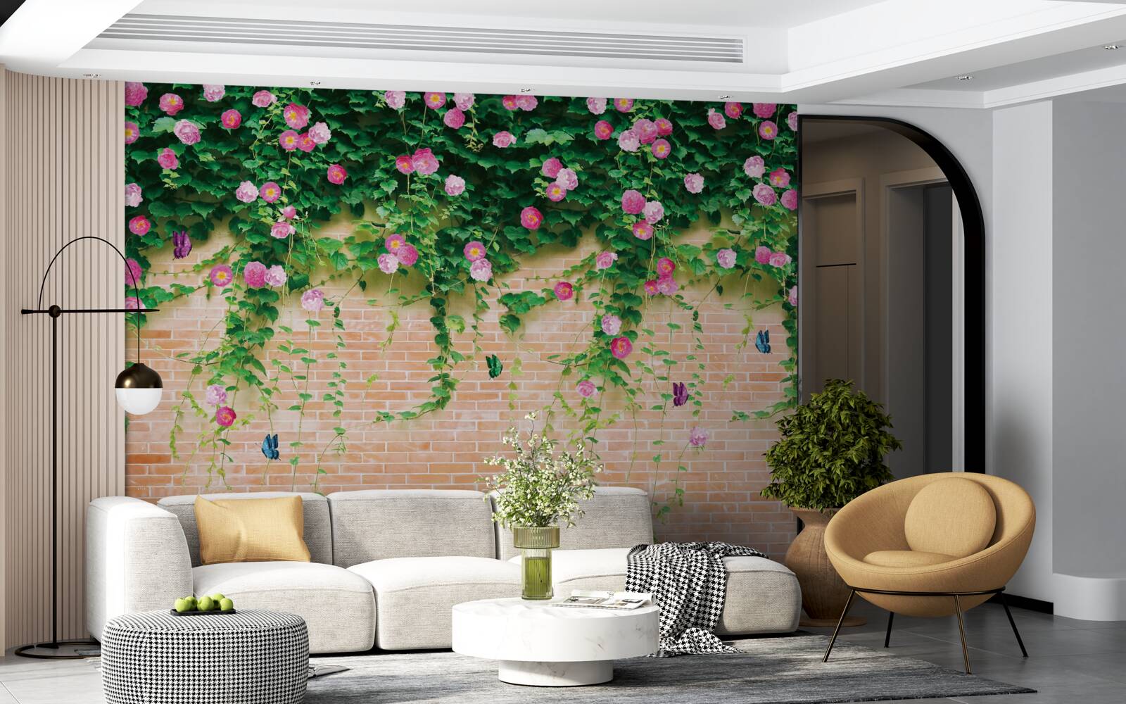 Fotobehang zachtroze rozen op een bakstenen muur