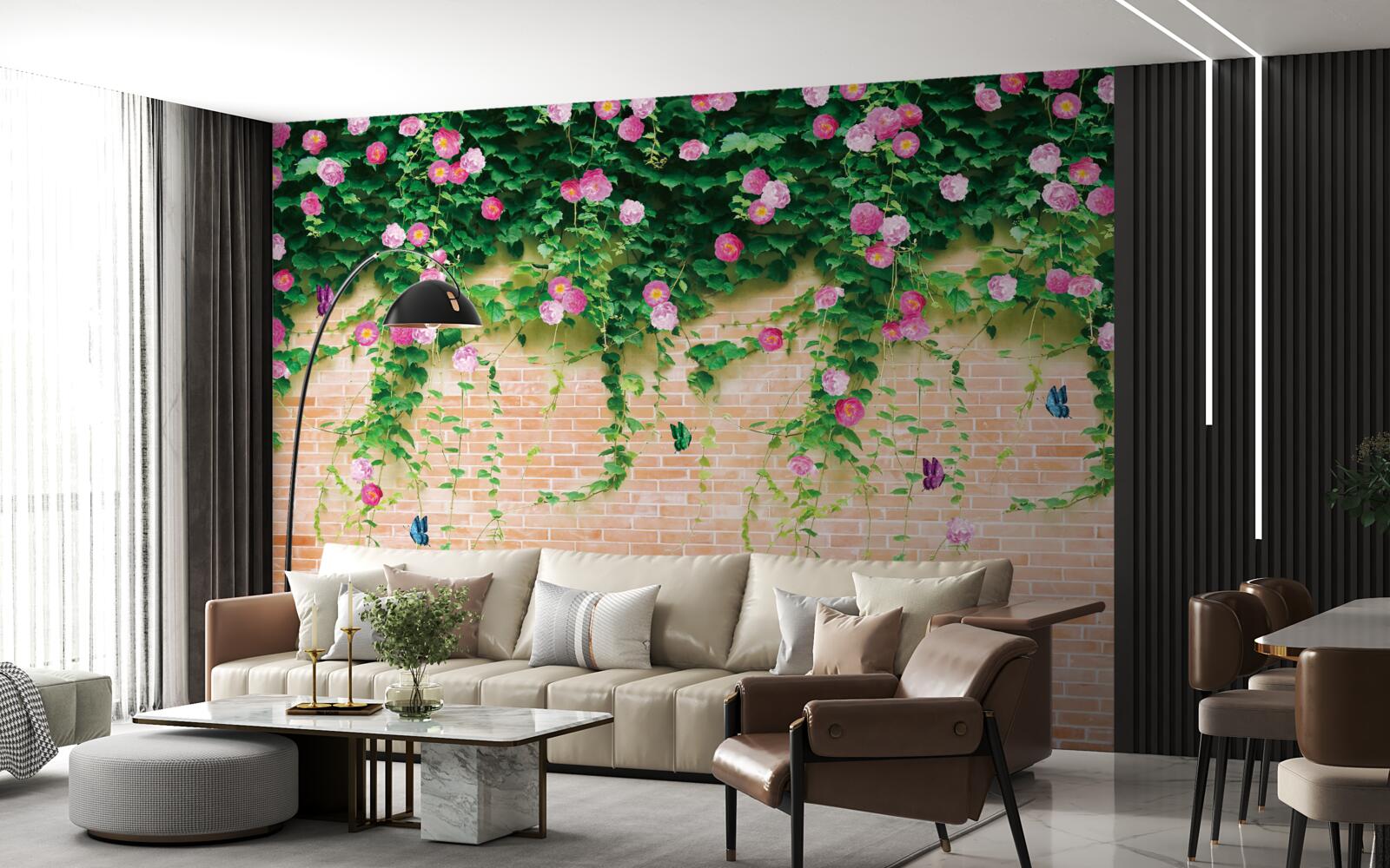 Fotobehang zachtroze rozen op een bakstenen muur