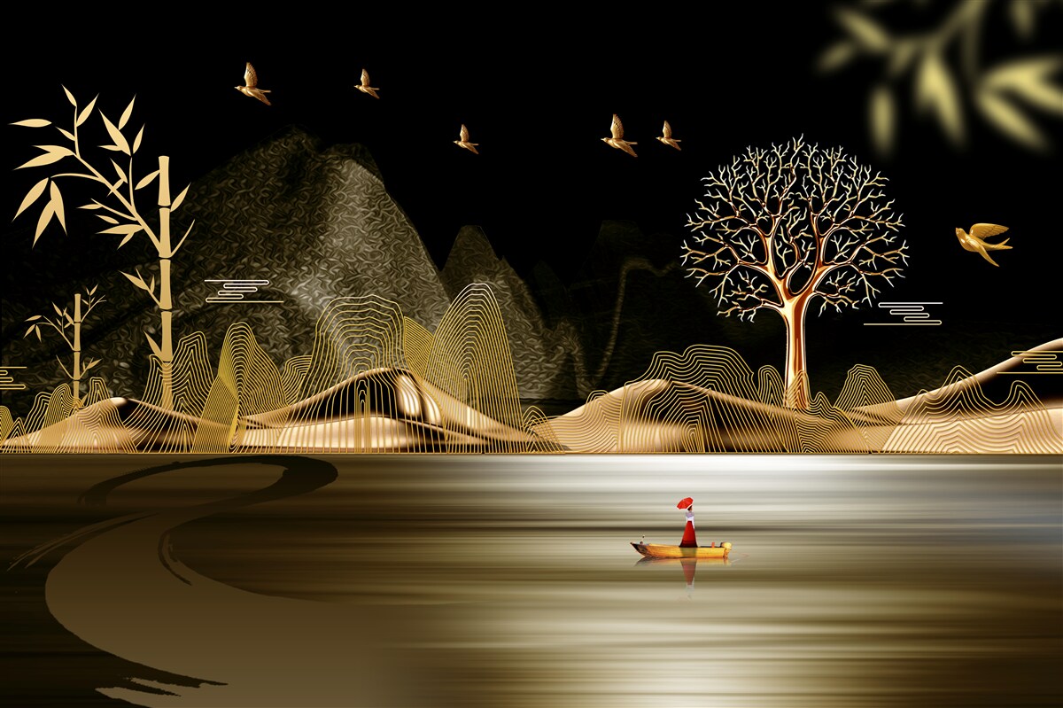 Fotobehang een visser staat aan de waterkant bij het gouden bos