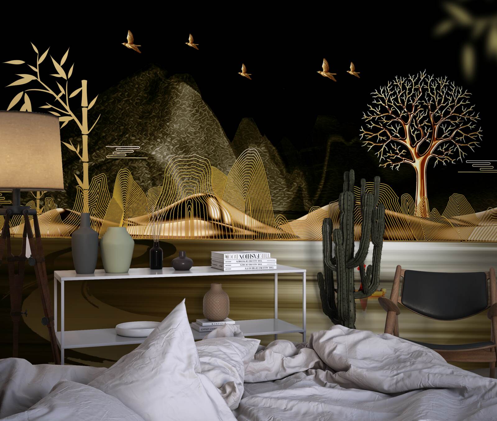 Fotobehang een visser staat aan de waterkant bij het gouden bos