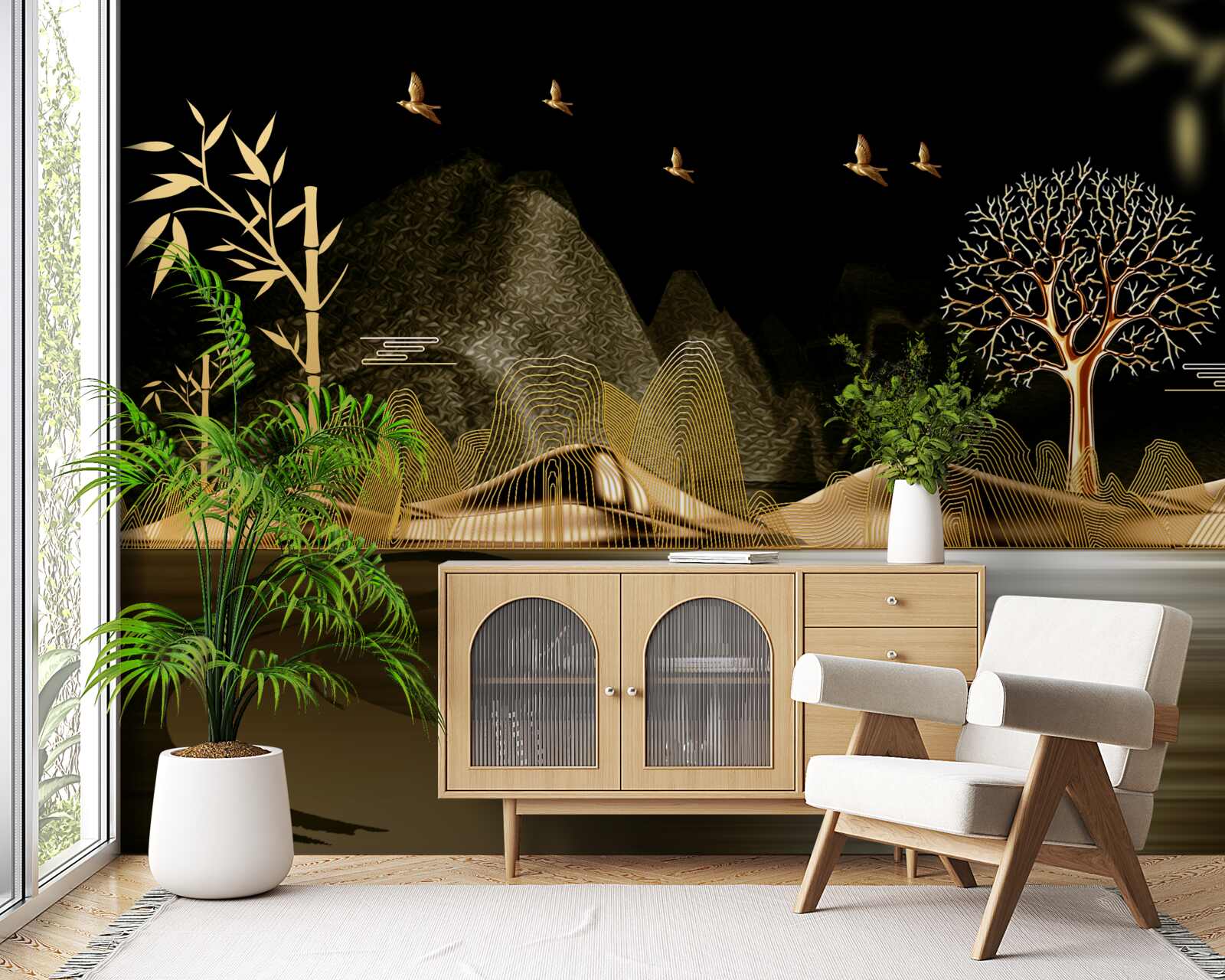 Fotobehang een visser staat aan de waterkant bij het gouden bos