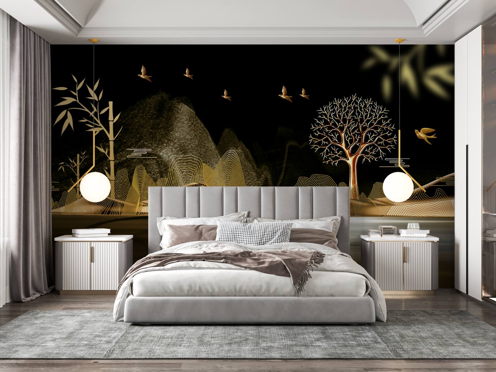 Fotobehang een visser staat aan de waterkant bij het gouden bos