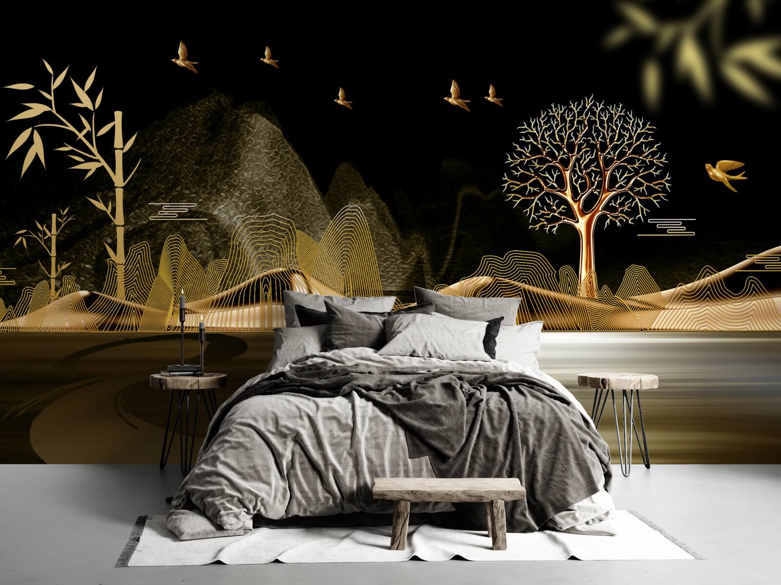 Fotobehang een visser staat aan de waterkant bij het gouden bos