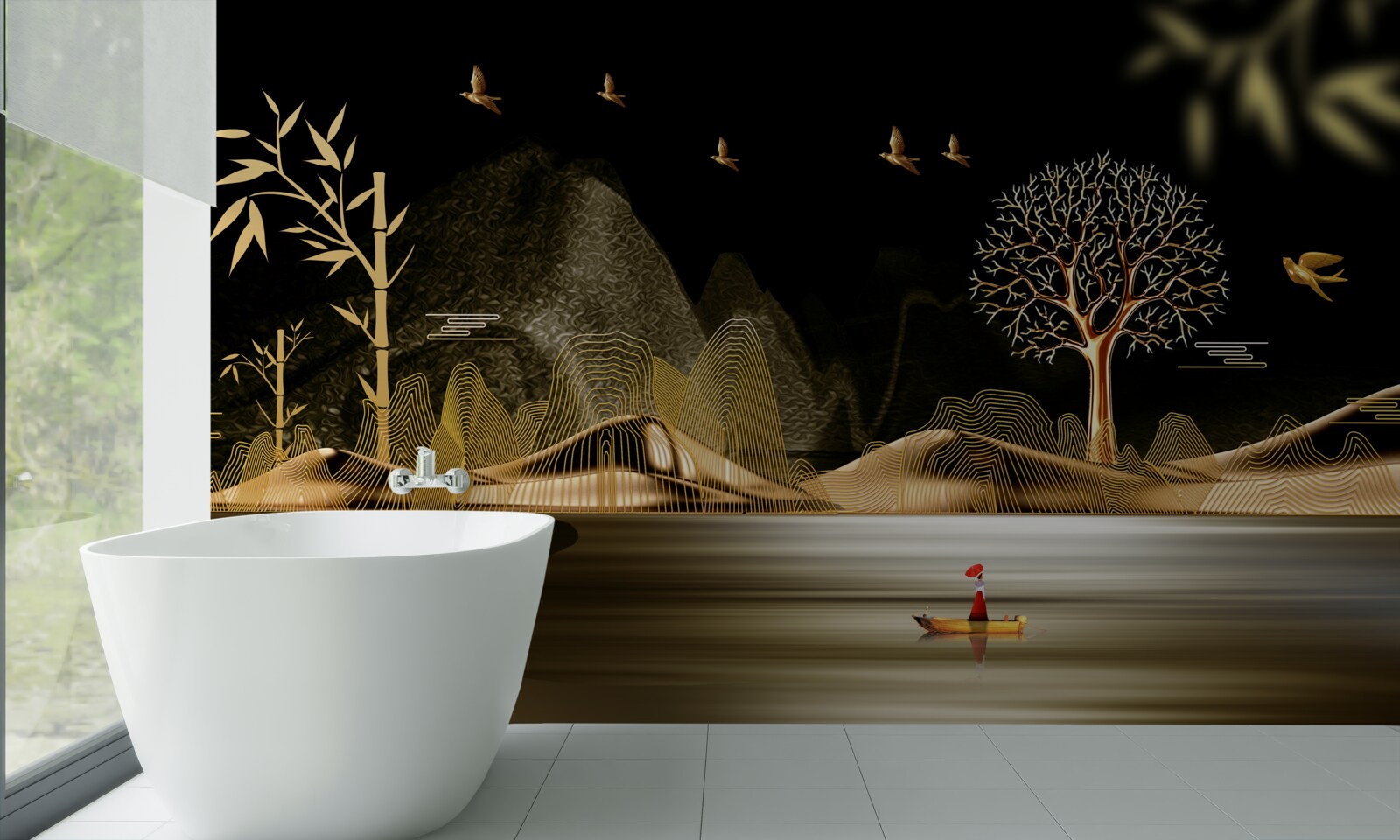 Fotobehang een visser staat aan de waterkant bij het gouden bos