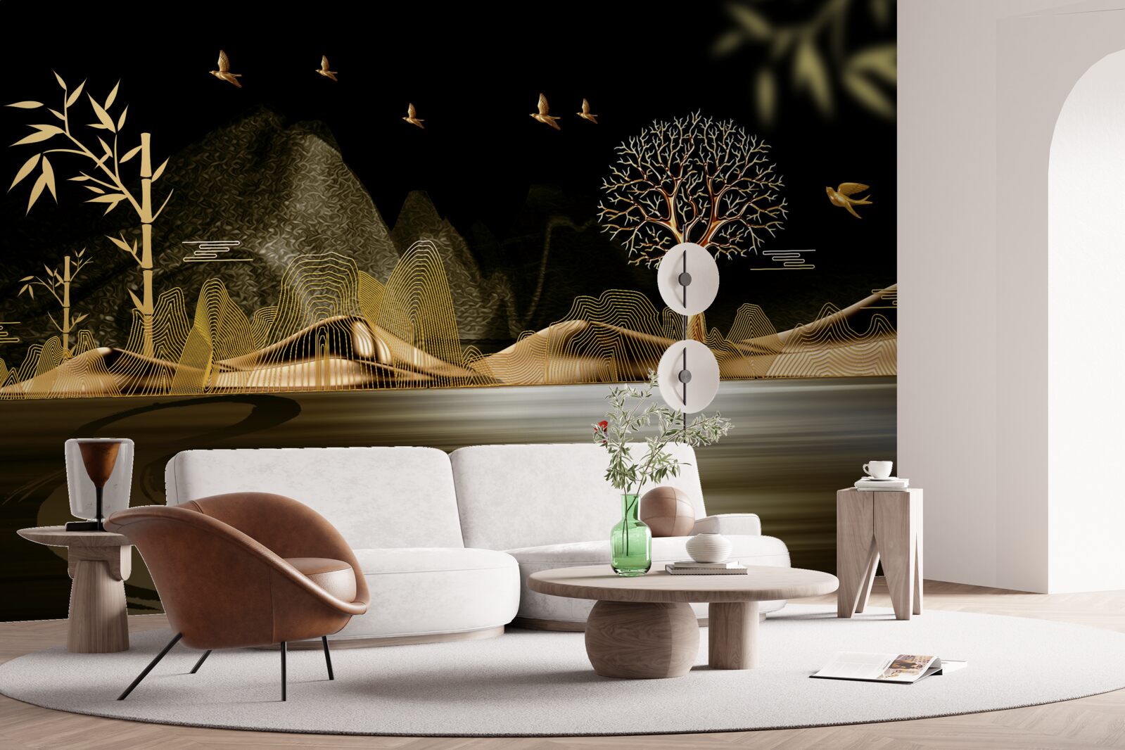 Fotobehang een visser staat aan de waterkant bij het gouden bos