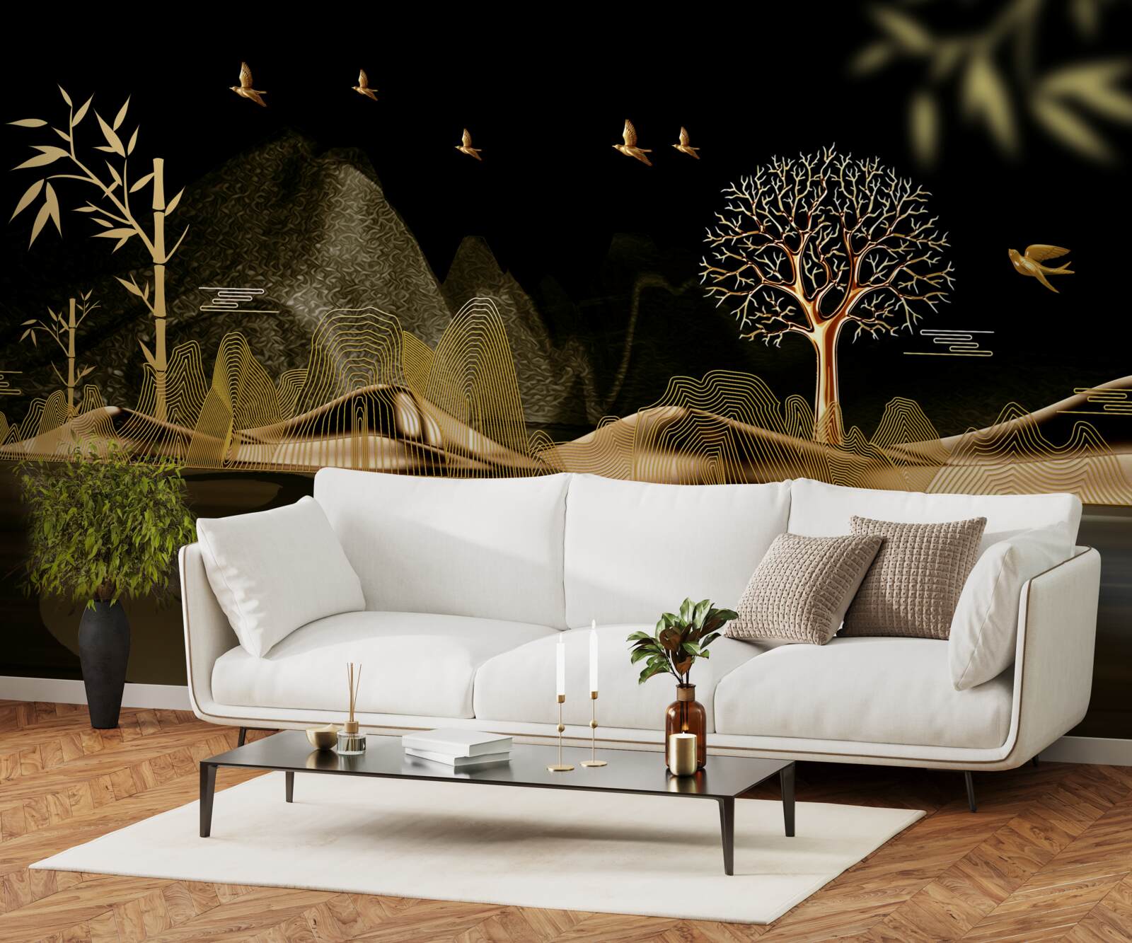 Fotobehang een visser staat aan de waterkant bij het gouden bos