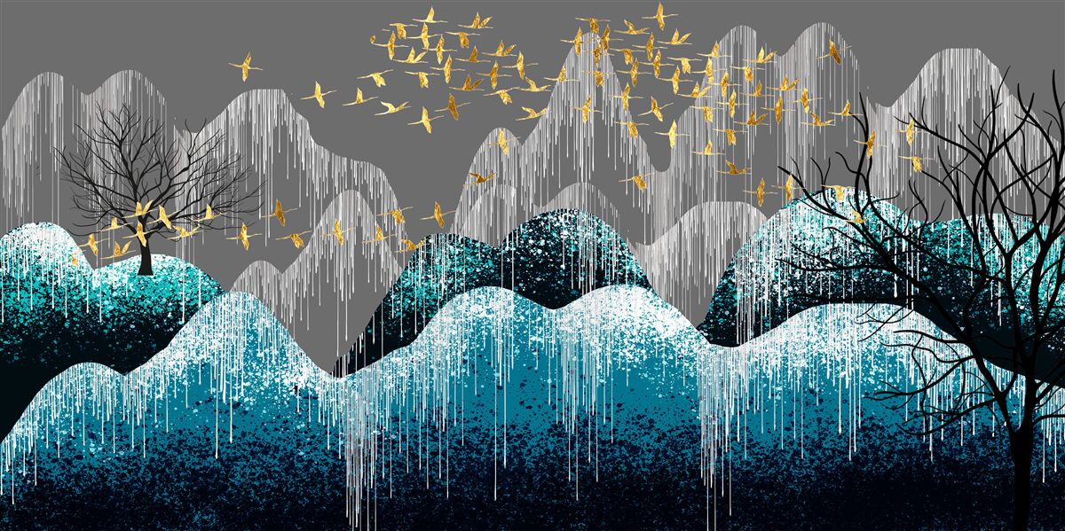 Fotobehang bos bij nacht en vogels vliegend in gouden brokaat