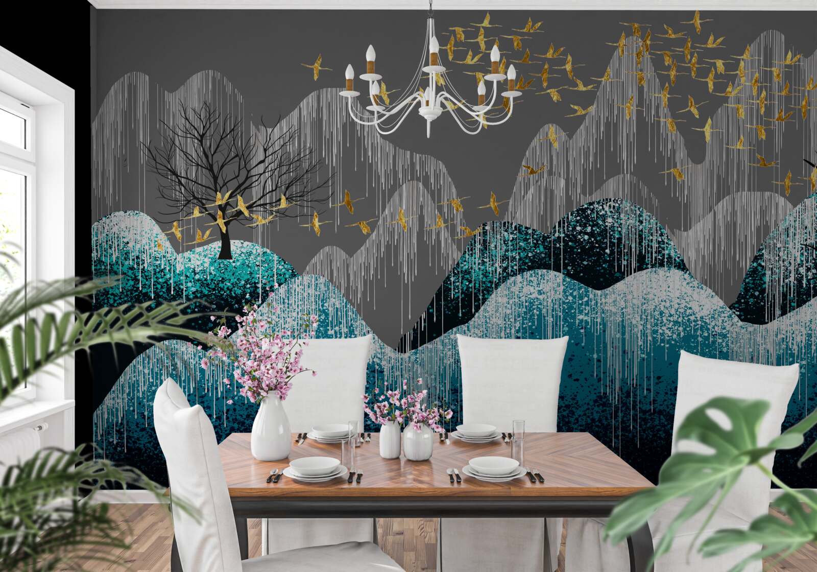 Fotobehang bos bij nacht en vogels vliegend in gouden brokaat