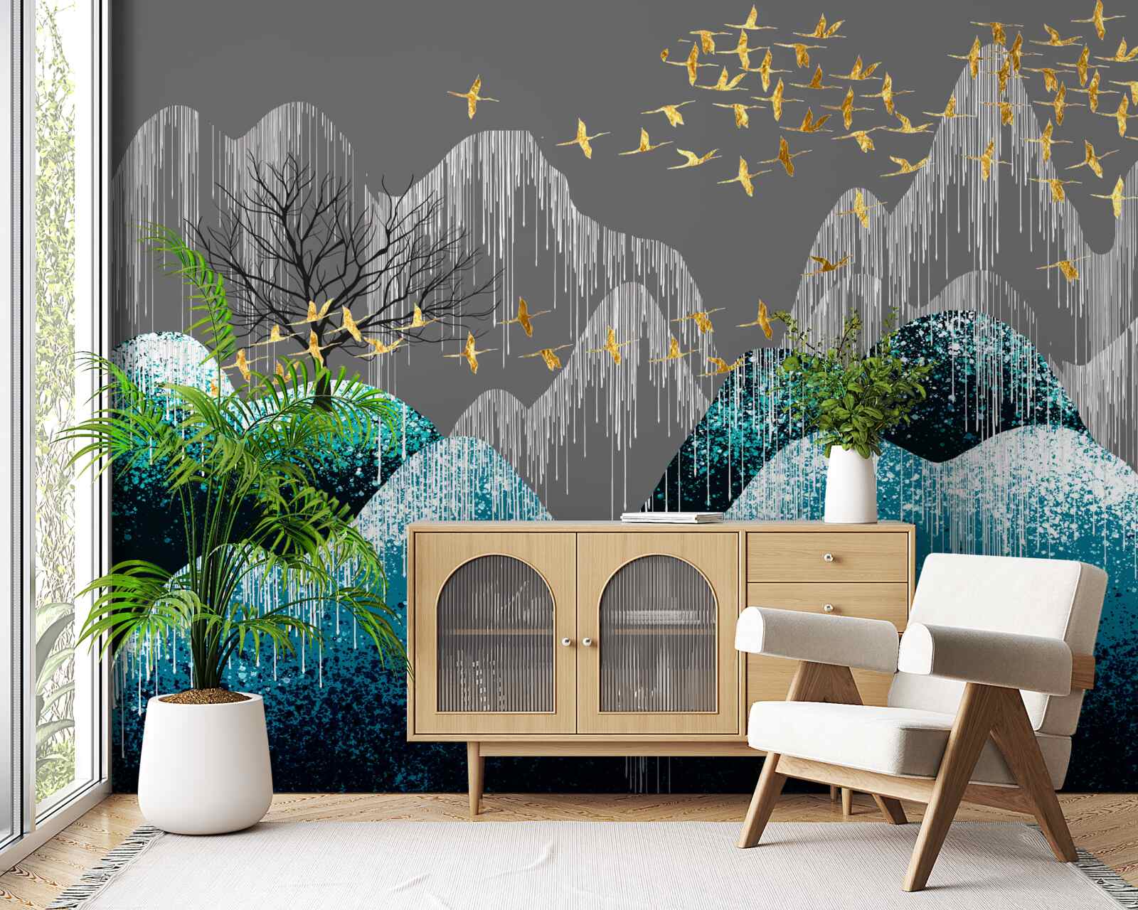 Fotobehang bos bij nacht en vogels vliegend in gouden brokaat