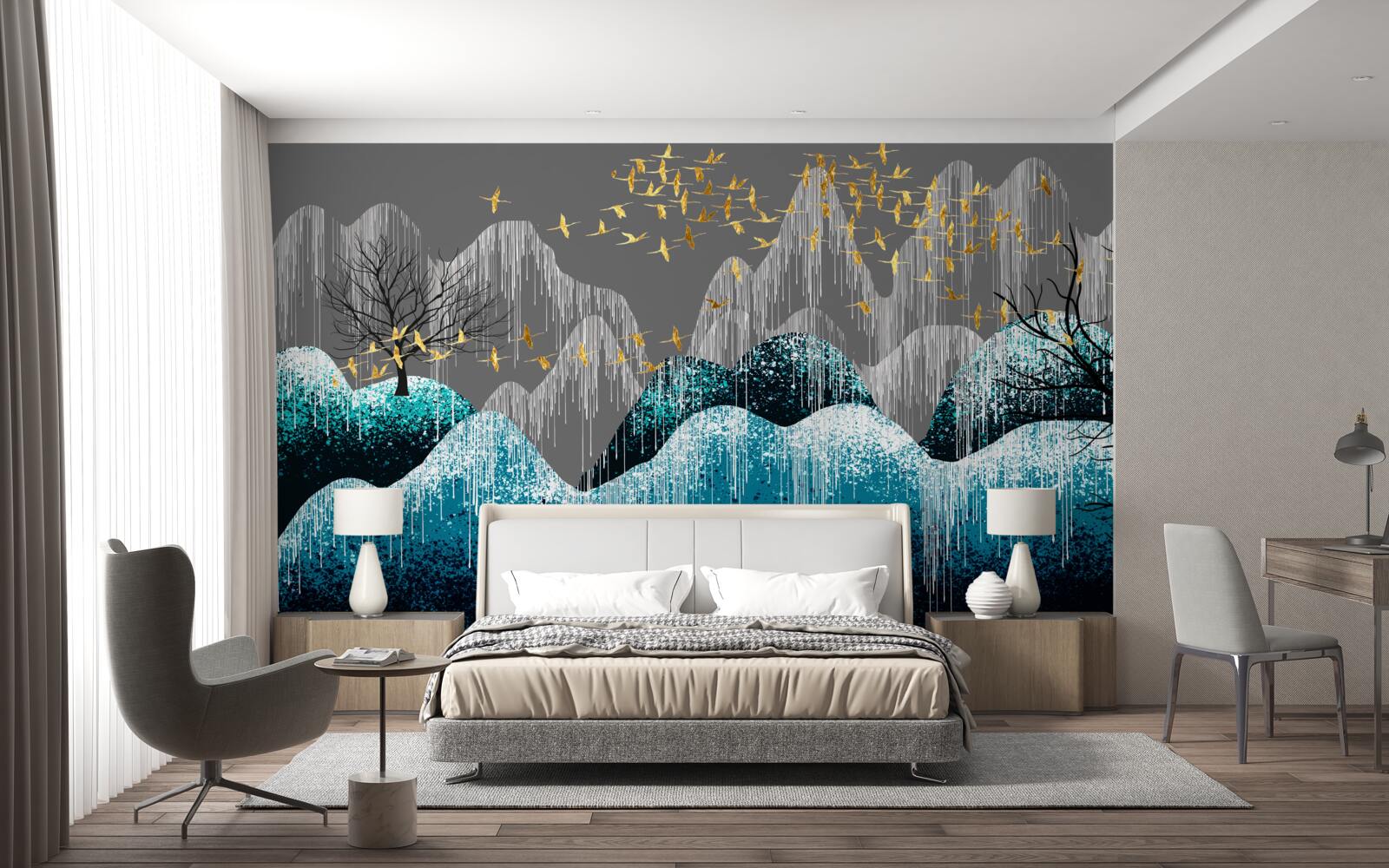 Fotobehang bos bij nacht en vogels vliegend in gouden brokaat