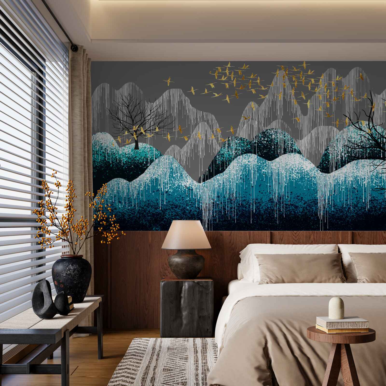 Fotobehang bos bij nacht en vogels vliegend in gouden brokaat