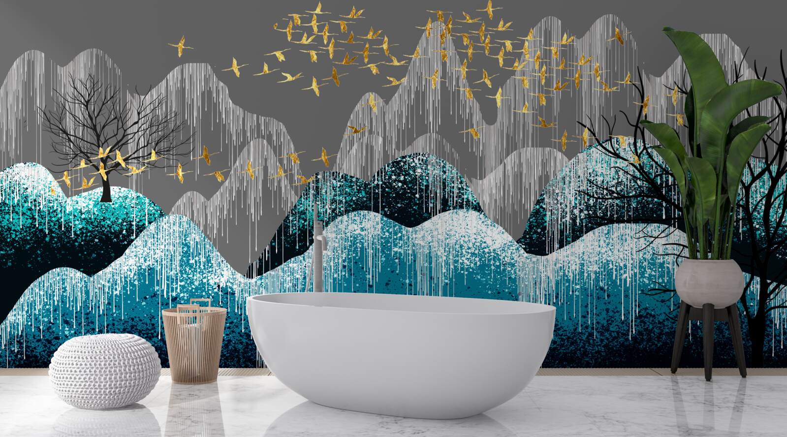 Fotobehang bos bij nacht en vogels vliegend in gouden brokaat