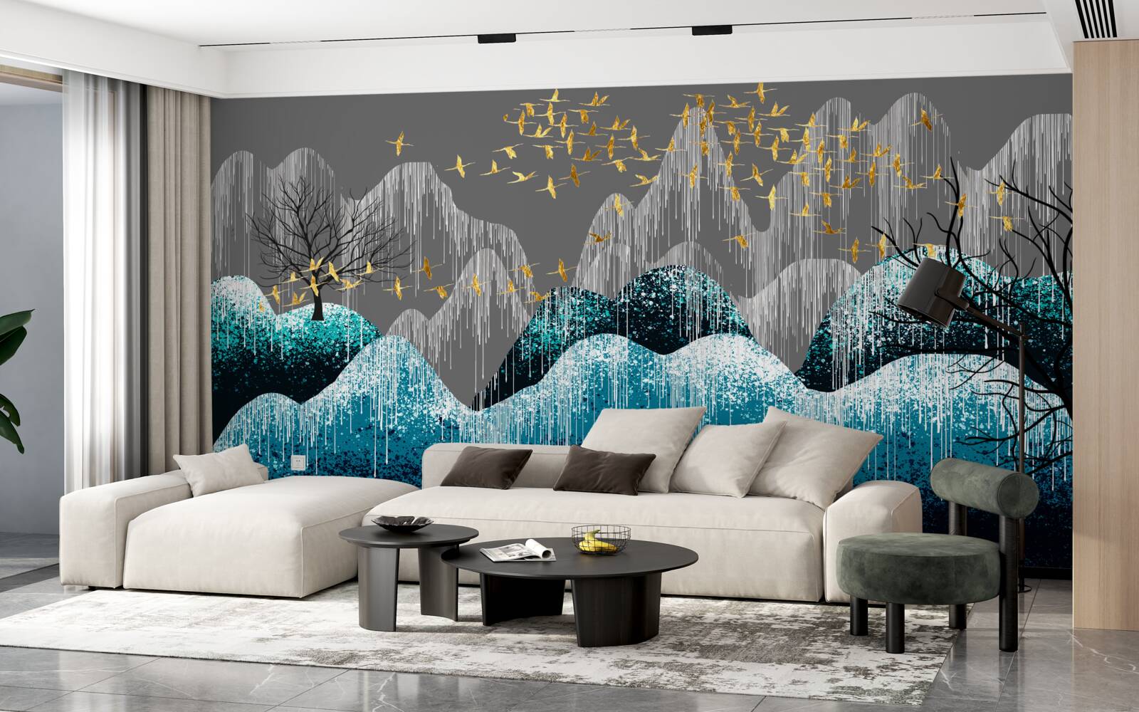 Fotobehang bos bij nacht en vogels vliegend in gouden brokaat