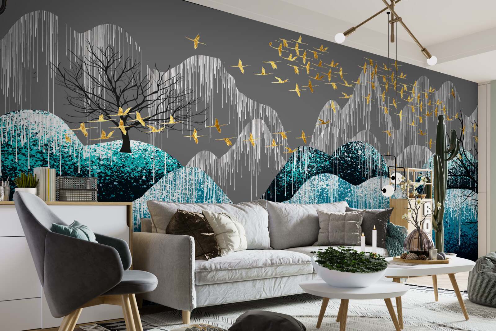 Fotobehang bos bij nacht en vogels vliegend in gouden brokaat