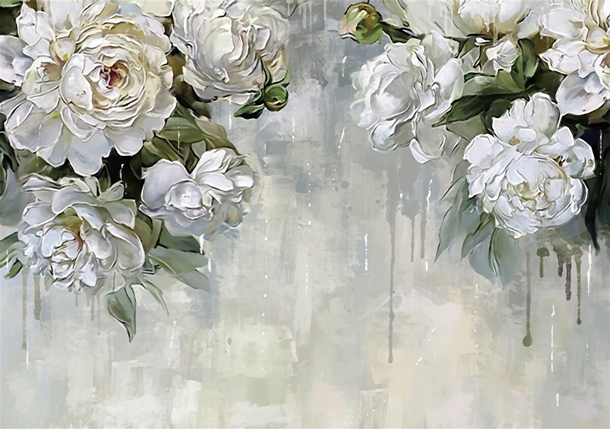 Fotobehang er staan grote witte bloemen op de betonnen muur