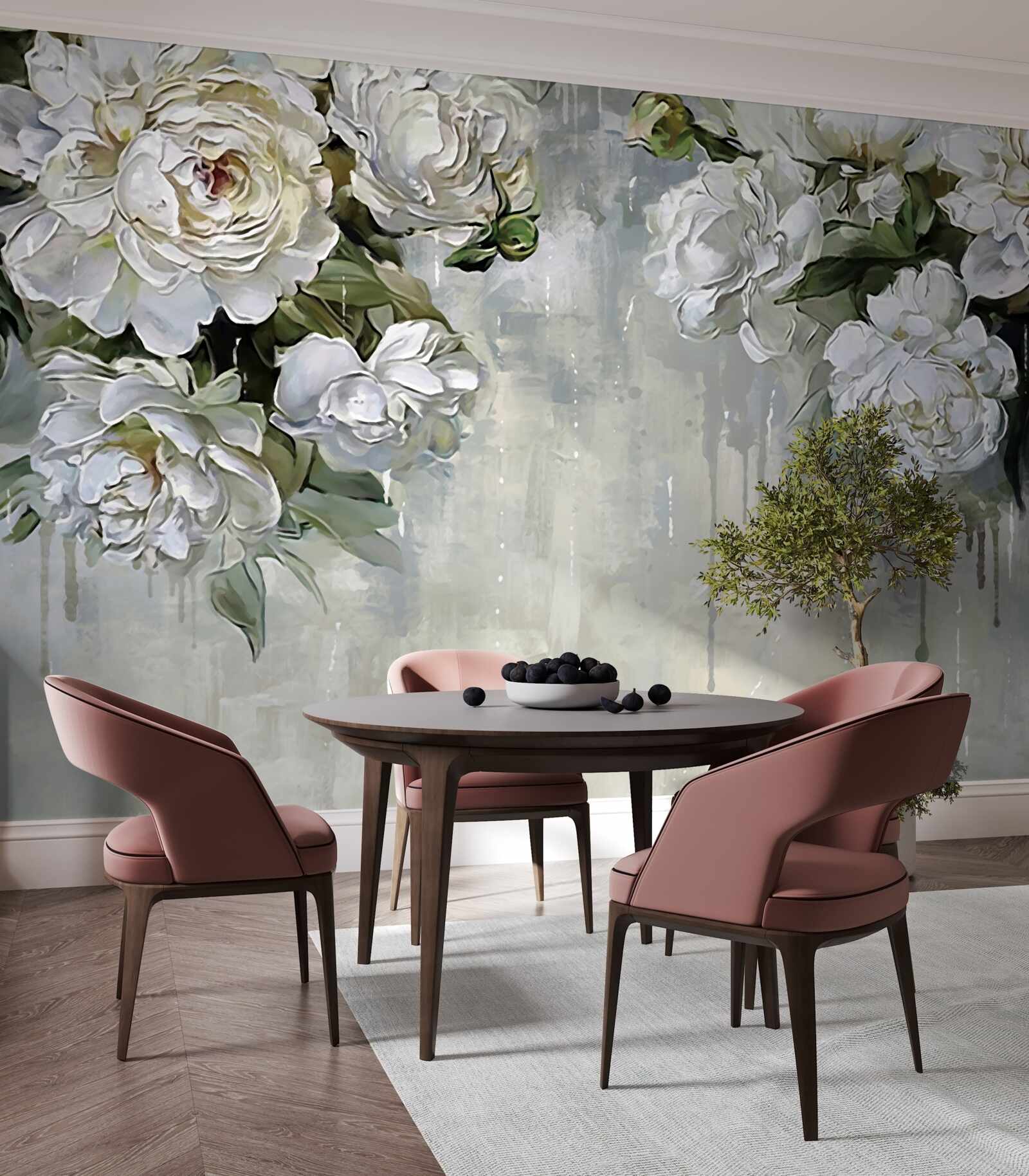 Fotobehang er staan grote witte bloemen op de betonnen muur