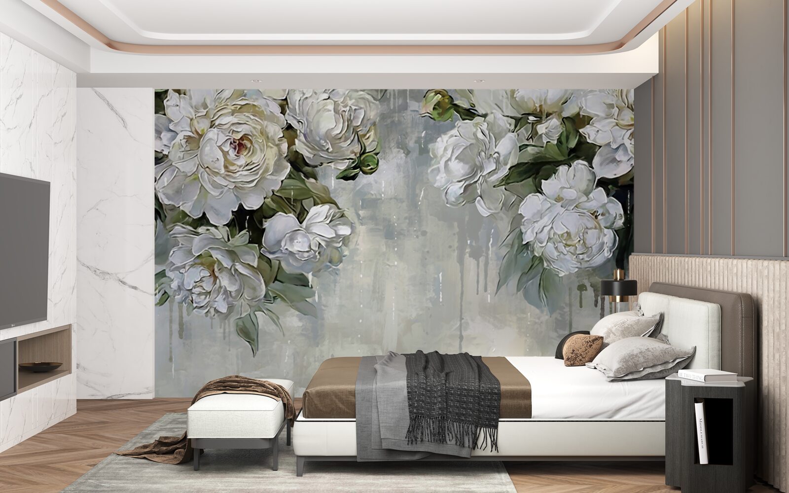 Fotobehang er staan grote witte bloemen op de betonnen muur