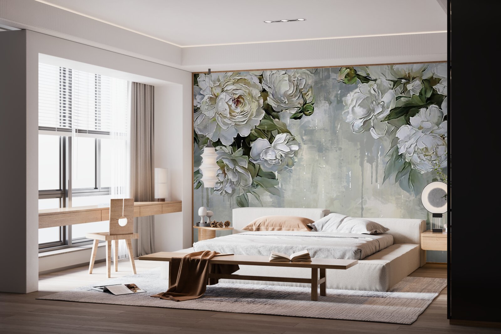 Fotobehang er staan grote witte bloemen op de betonnen muur