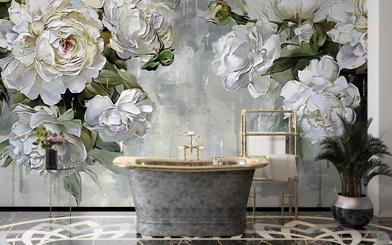 Fotobehang er staan grote witte bloemen op de betonnen muur