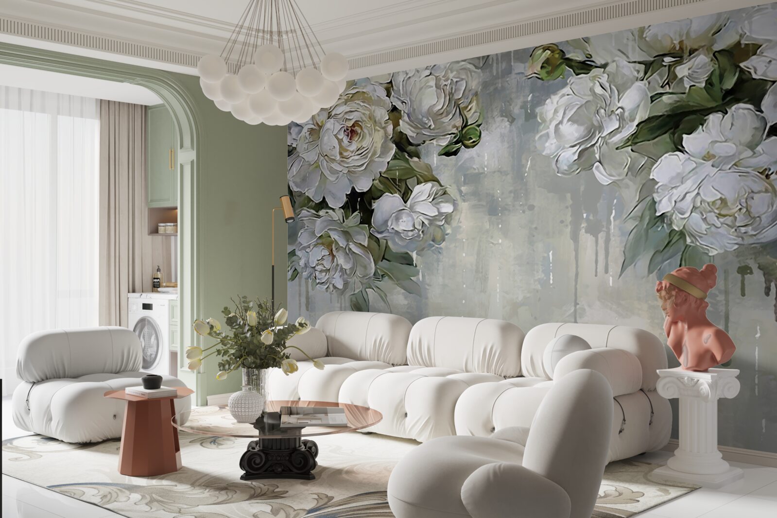 Fotobehang er staan grote witte bloemen op de betonnen muur