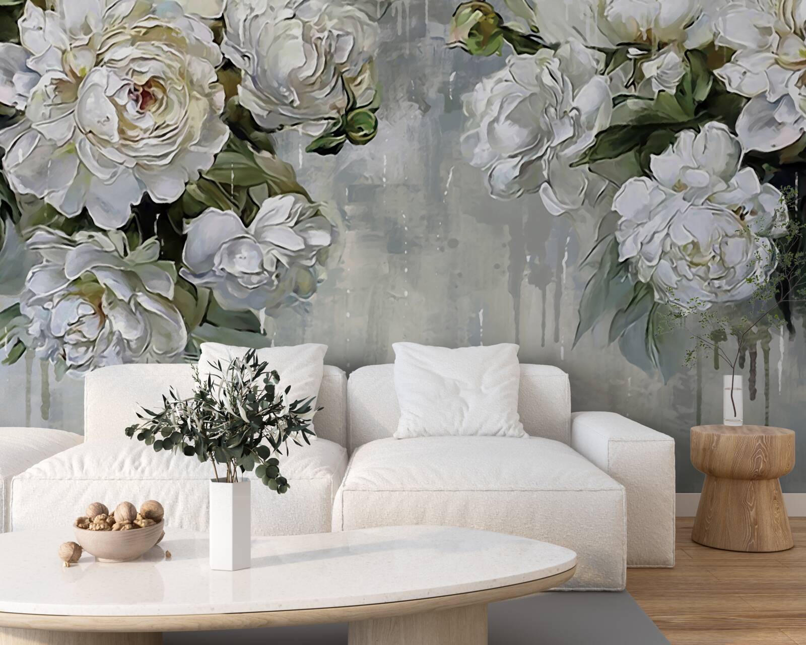 Fotobehang er staan grote witte bloemen op de betonnen muur