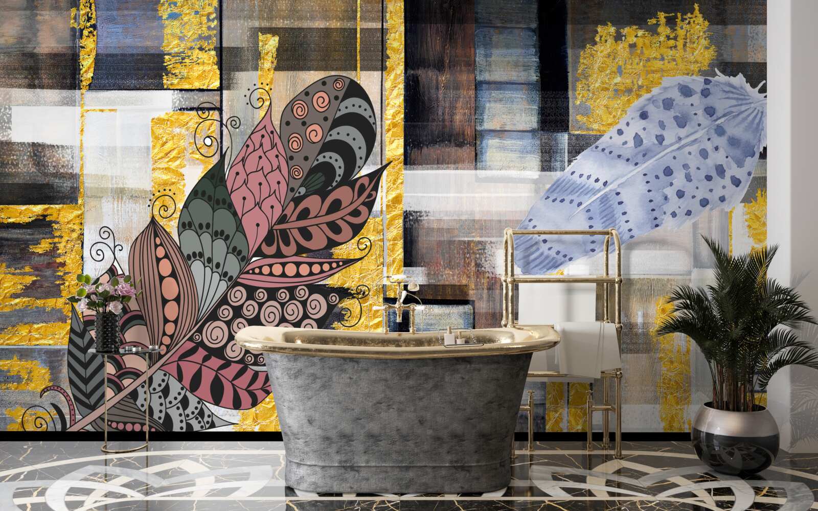 Fotobehang de abstracte achtergrond is versierd met prachtige veren